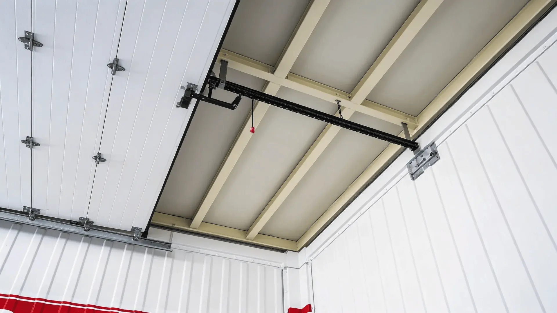 Interior details of PODS container showing door track and corner framing