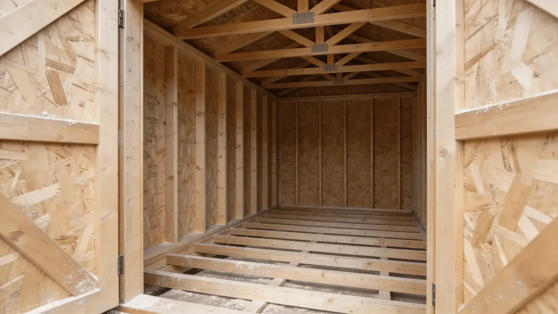 Interior of shed with exposed wall studs, floor joists, and roof framing visible