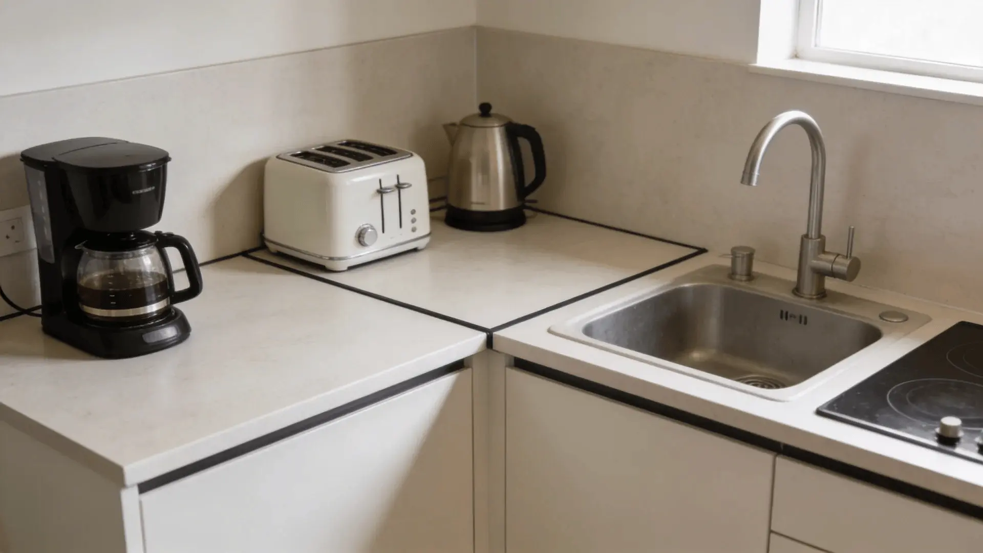 Kitchen counter with small defined areas for coffee and cooking prep