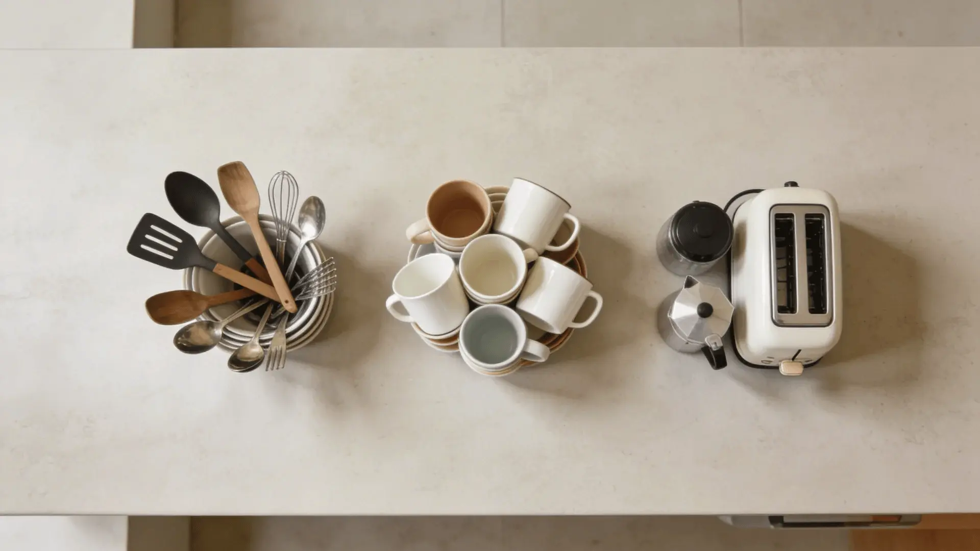 Kitchen tools and appliances grouped into separate piles on a countertop