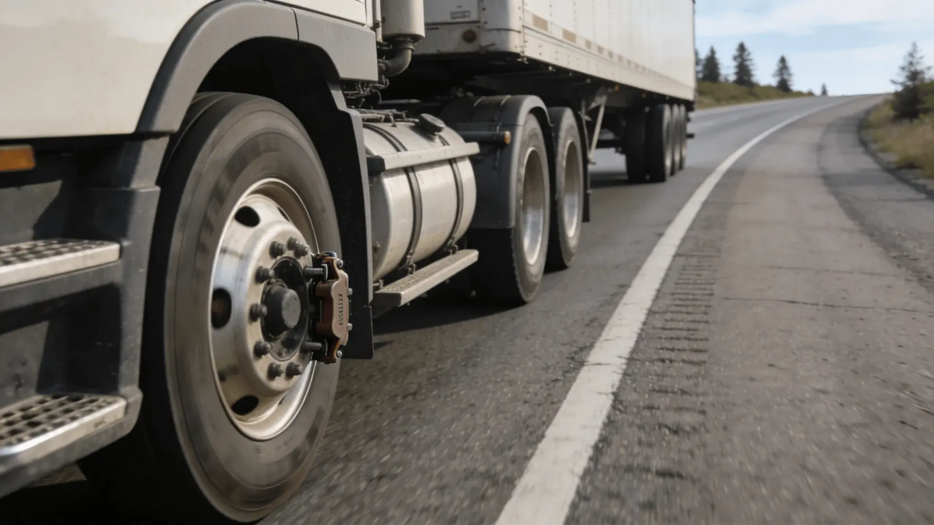 Loaded semi-truck driving downhill on a highway with multiple axles visible