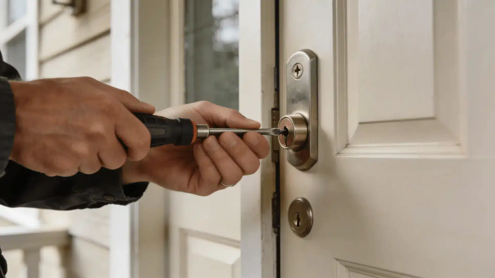 Locksmith using tools to unlock a residential front door lock