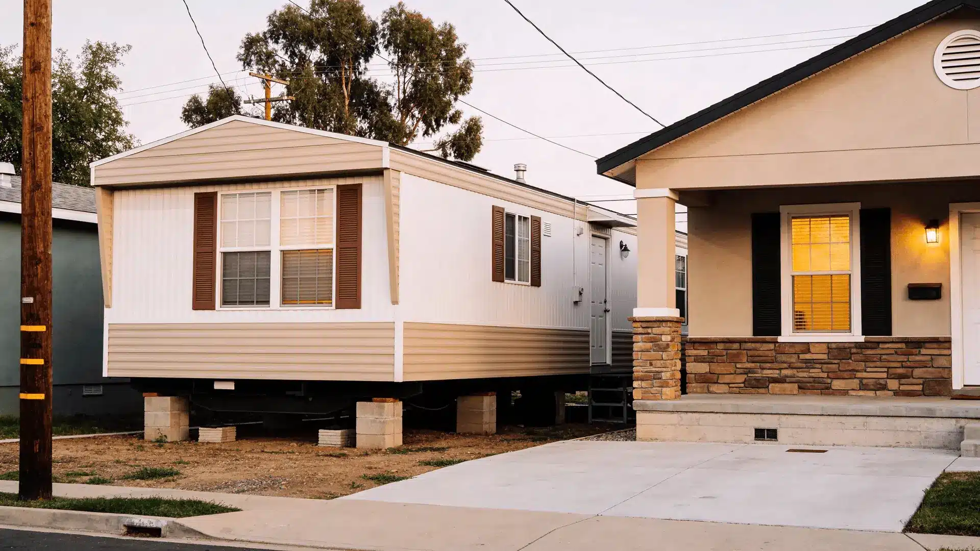 Manufactured home on blocks next to site-built house on permanent concrete foundation