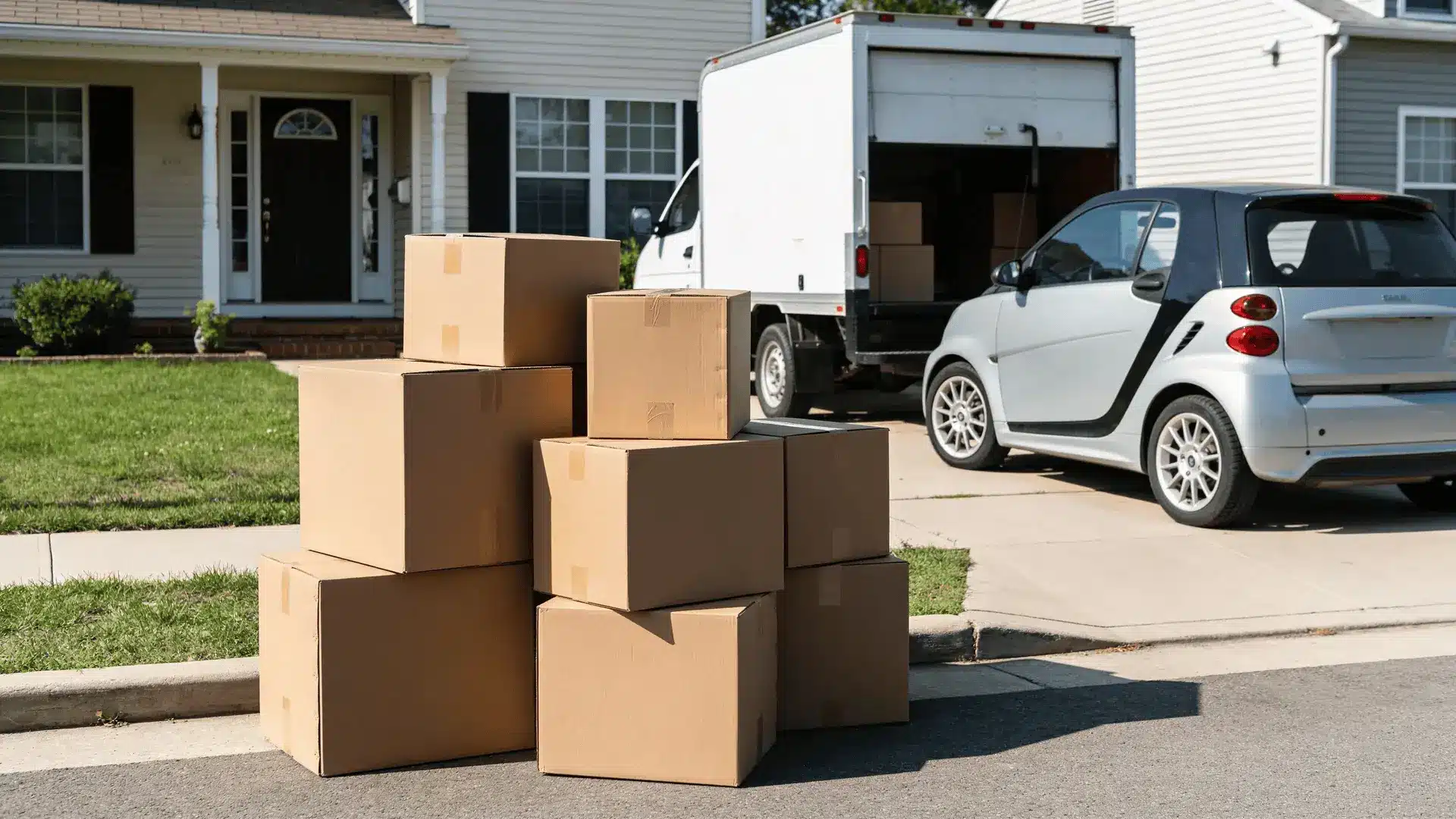 Moving boxes, a rental truck, and a car parked in a driveway outside a house