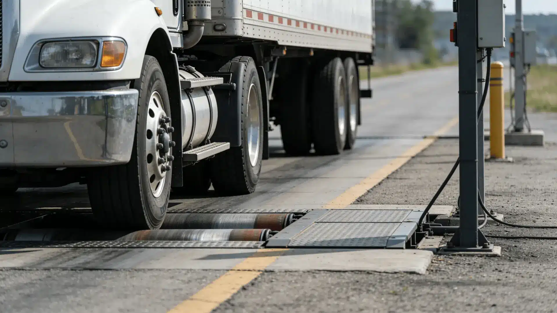 Moving truck parked on a roadside weigh station scale