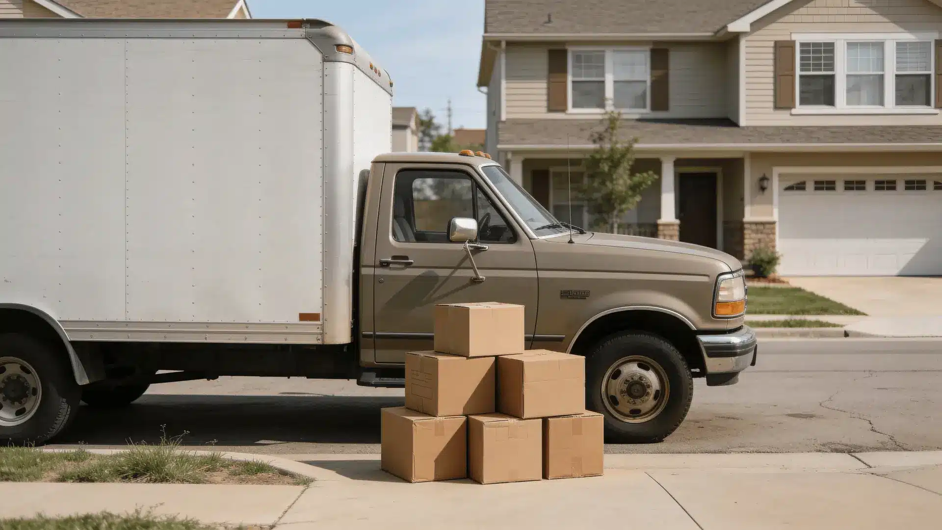 Moving truck parked on a street with stacked boxes beside it