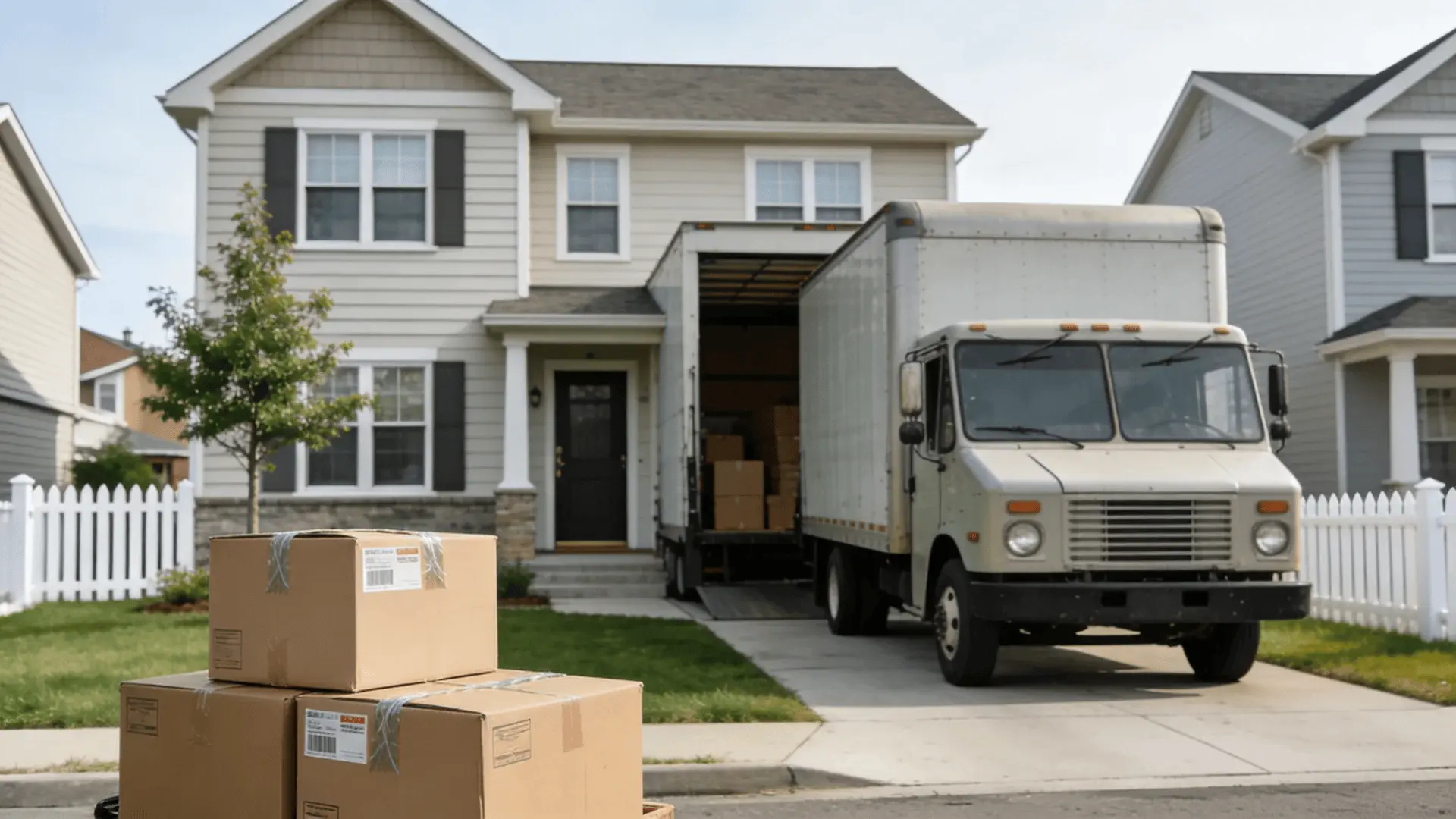 Moving truck parked outside a suburban house with packed boxes near the driveway