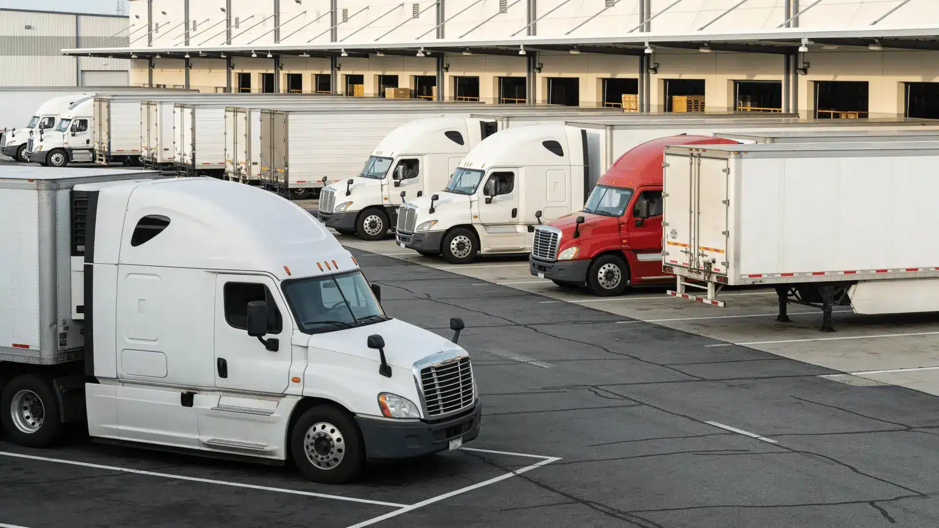 Multiple semi-trucks parked at a freight terminal loading area