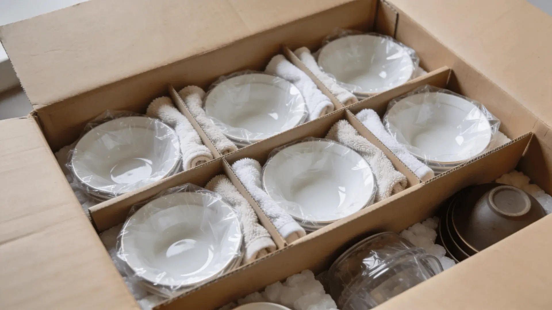 Open moving box with wrapped dishes, towels filling gaps, and heavier items placed at bottom