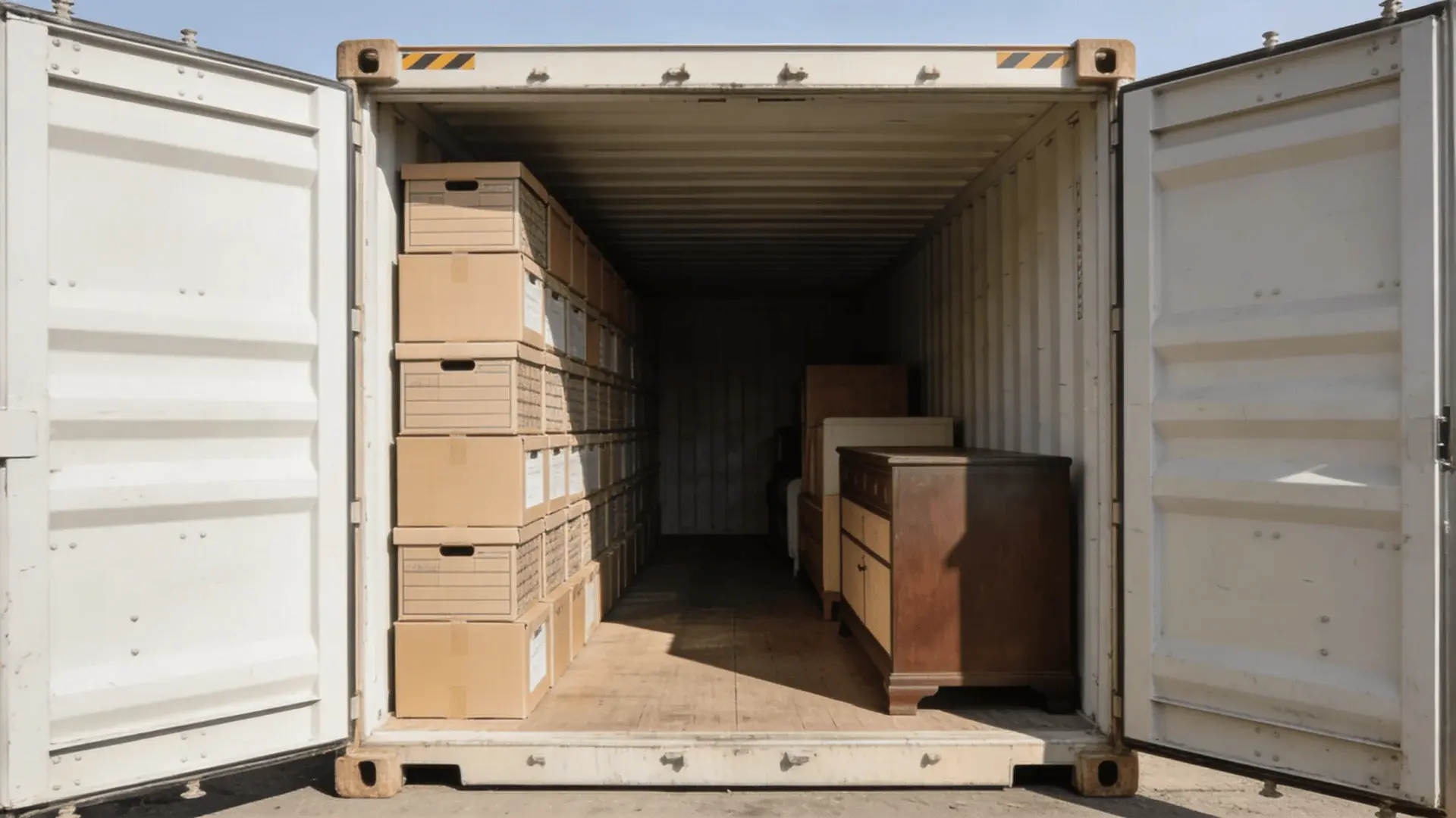 PODS container with boxes stacked and furniture arranged along its length