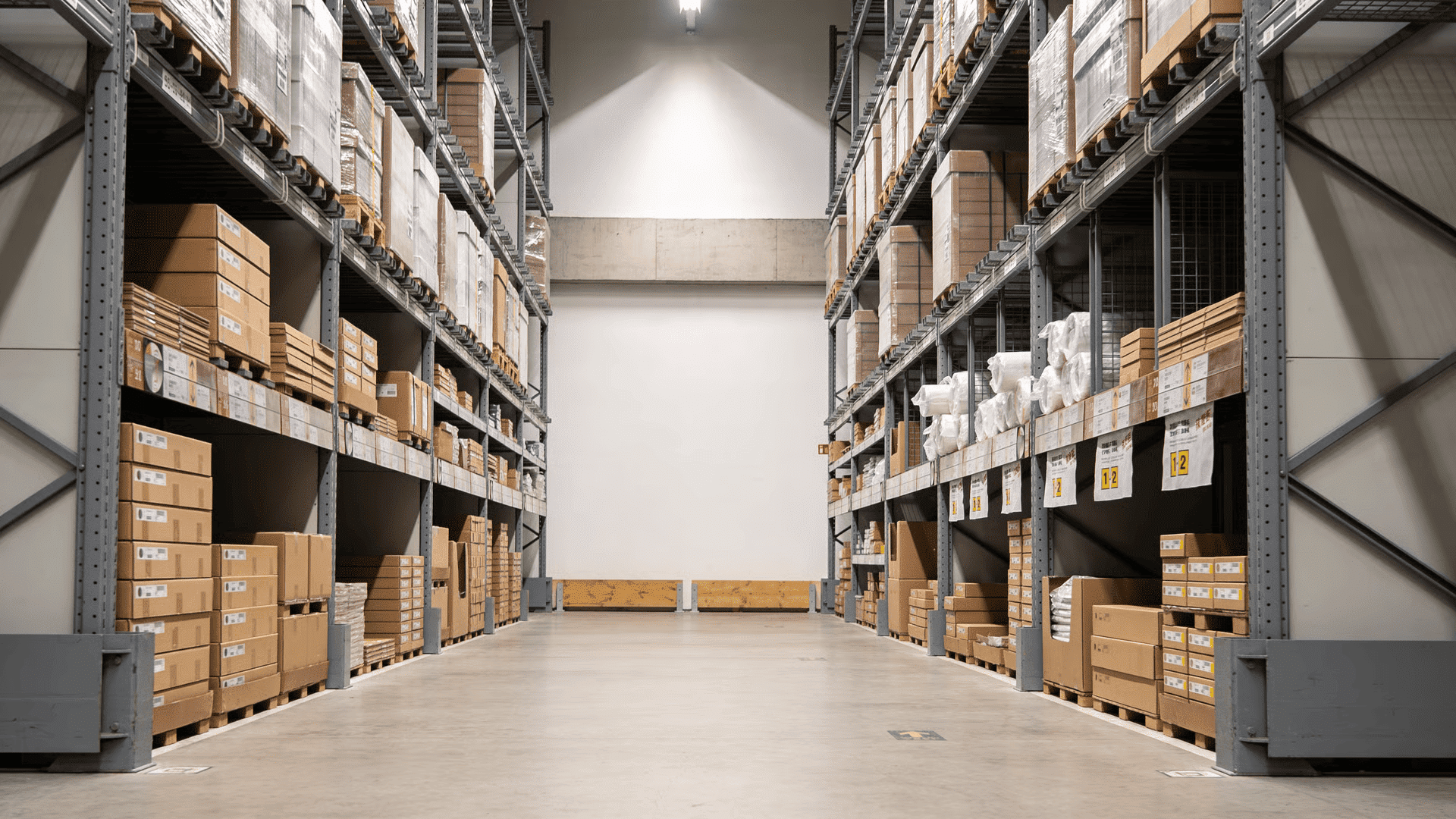 Packed goods and stored items arranged in a warehouse workspace