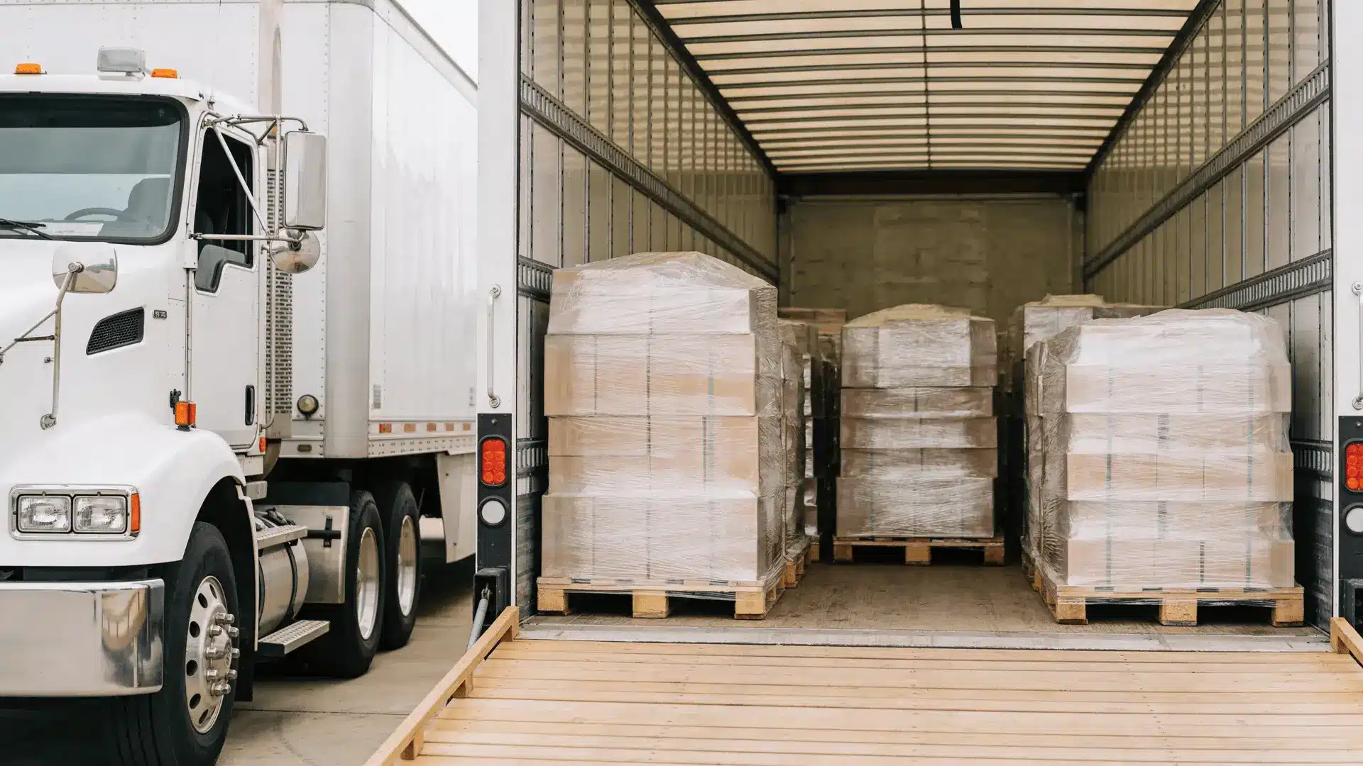 Palletized freight wrapped in plastic inside a semi-trailer at a loading dock