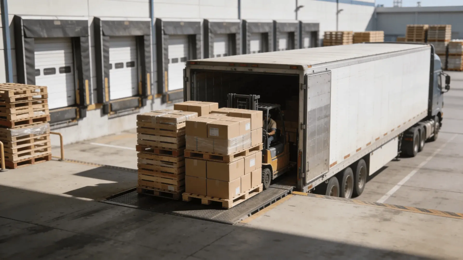 Palletized shipments grouped on a dock and loaded into one semi-trailer at a freight terminal