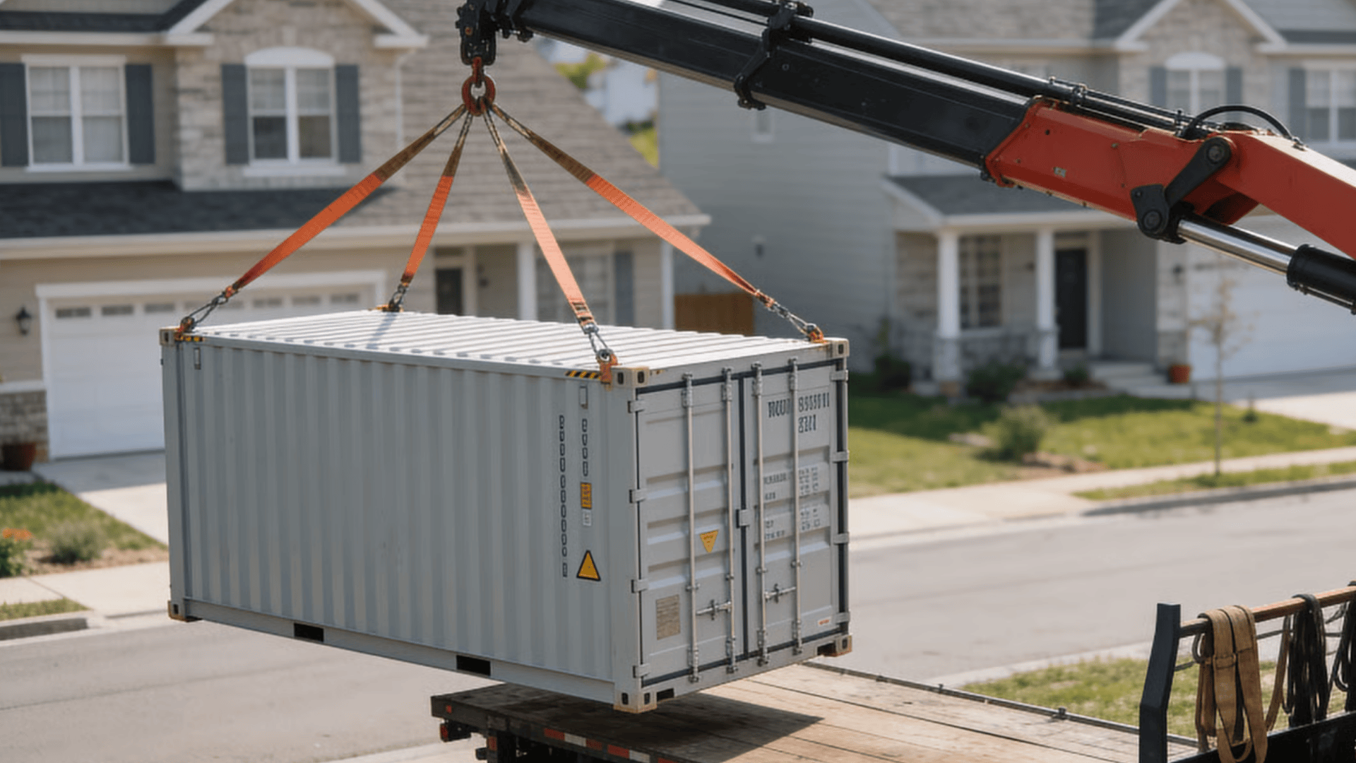 Portable storage container being loaded onto a delivery truck