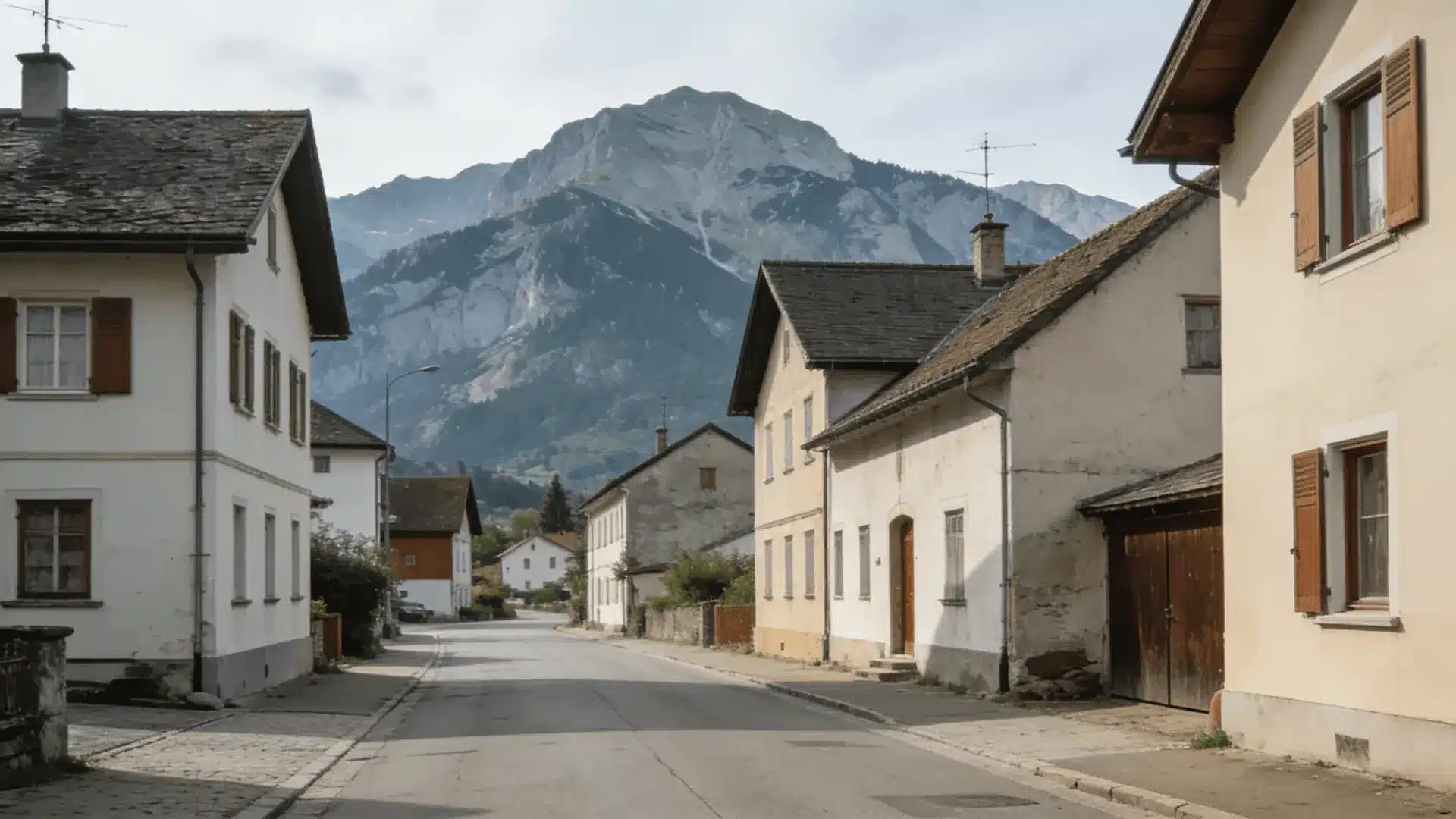 Quiet rural town with houses and mountains in the background