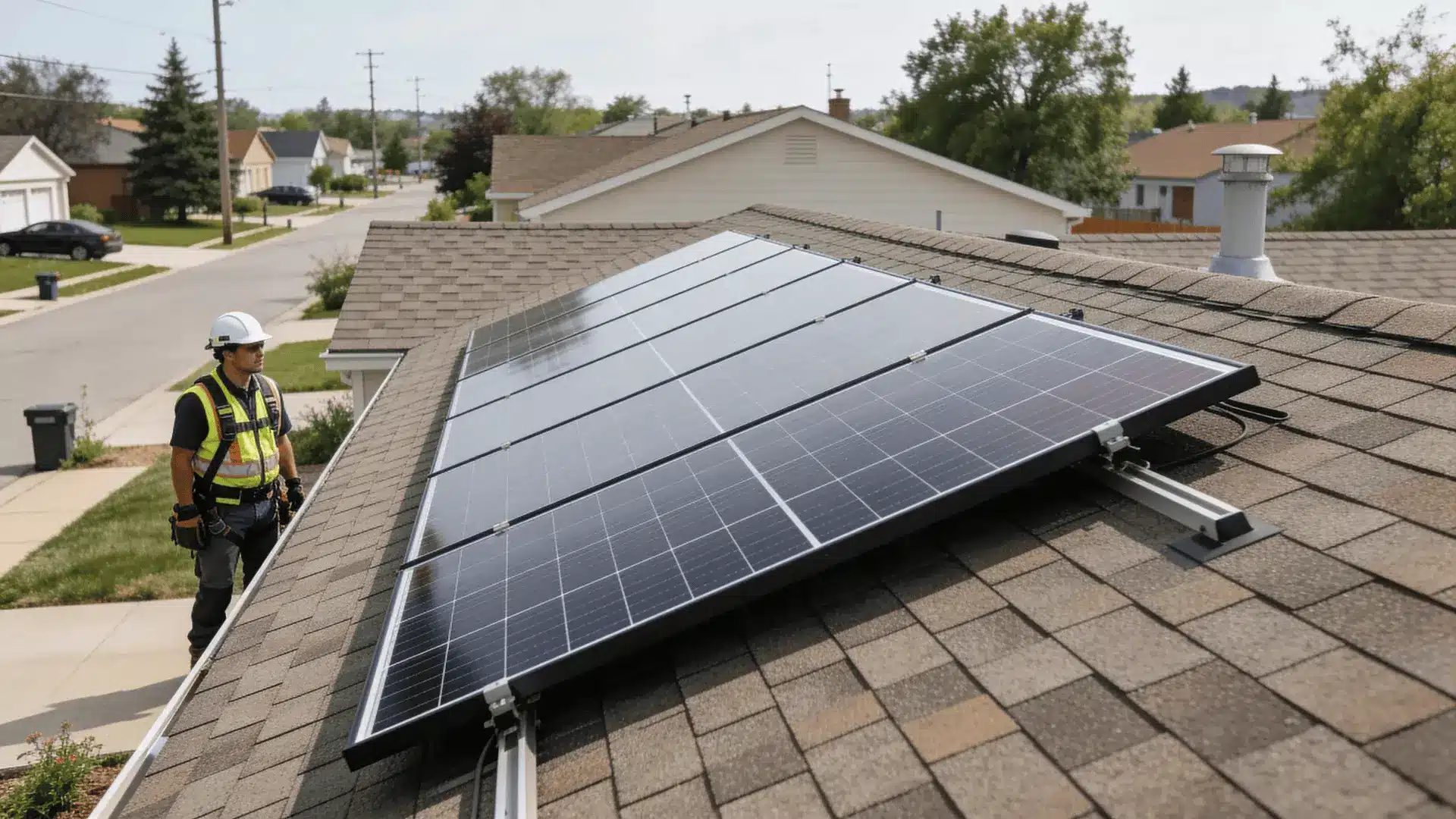 Residential rooftop solar panels installed on asphalt shingles with installer nearby