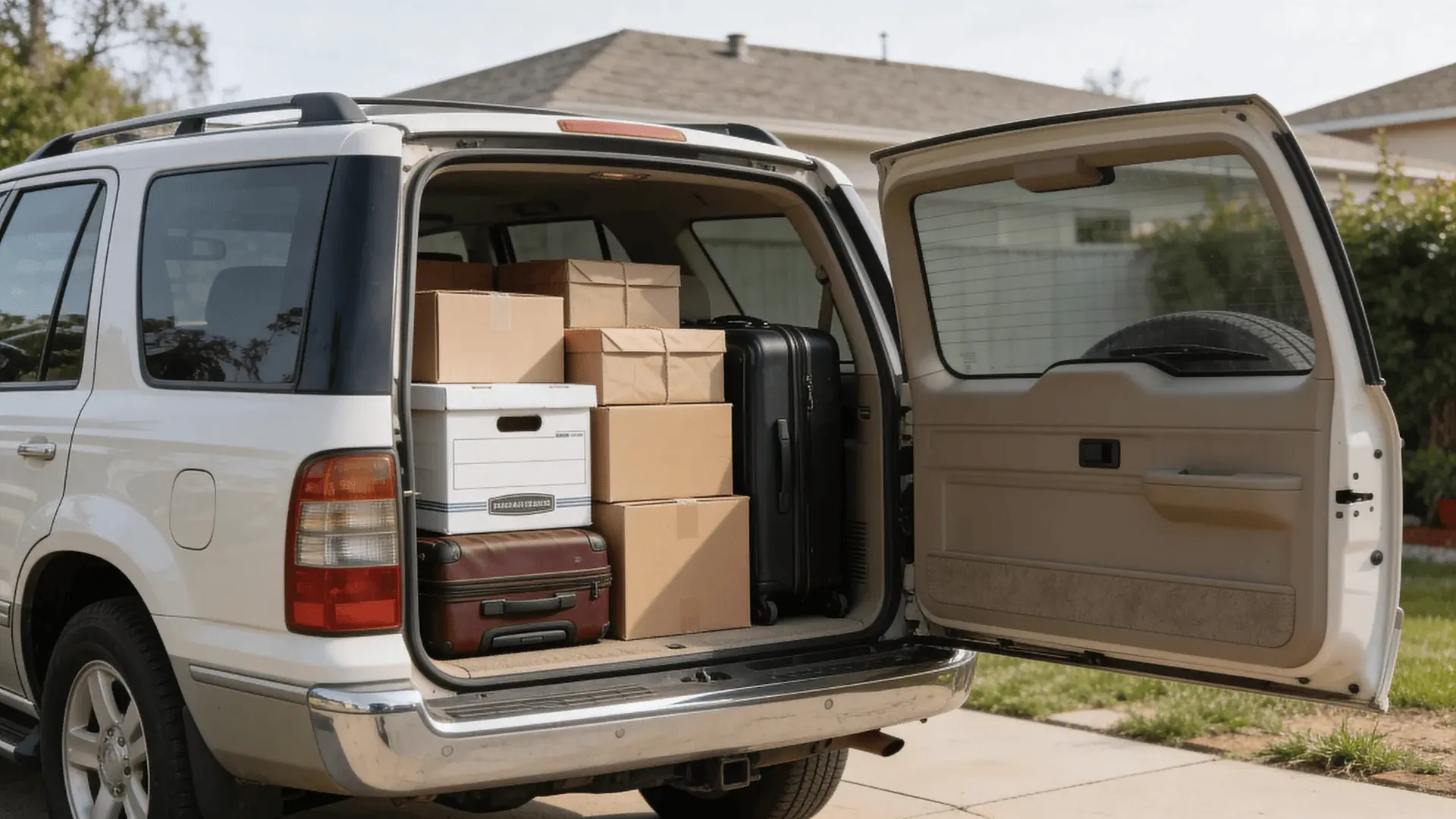 SUV trunk packed with boxes and suitcases ready for a move