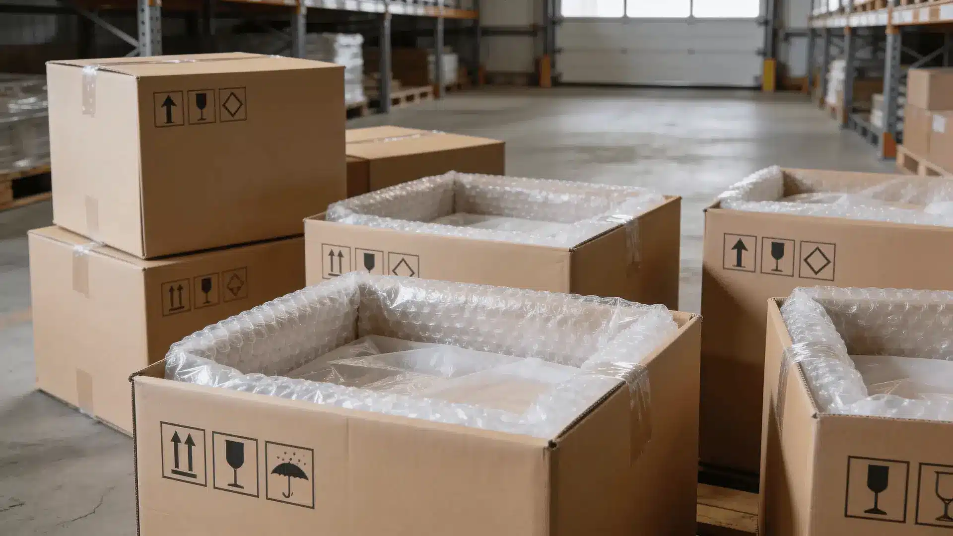 Sealed moving boxes with protective padding inside a warehouse