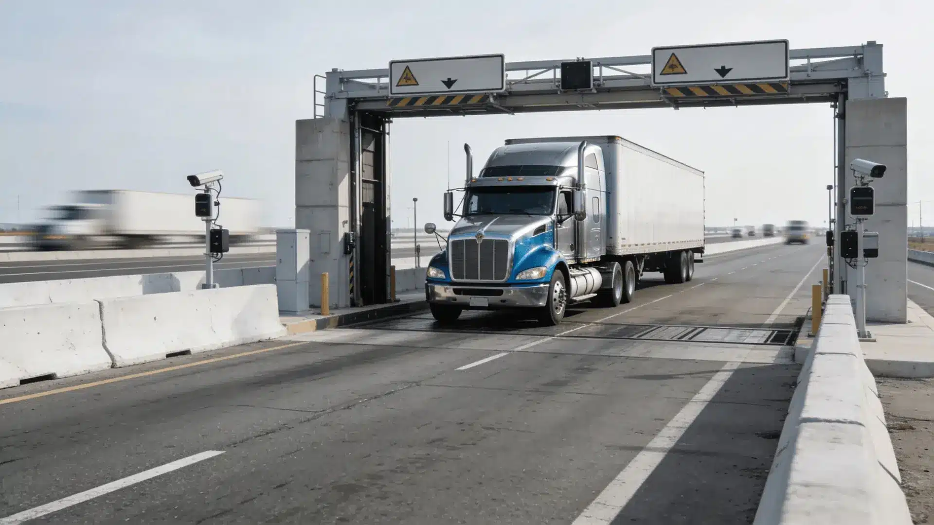 Semi-truck entering an open highway weigh station on a multi-lane road