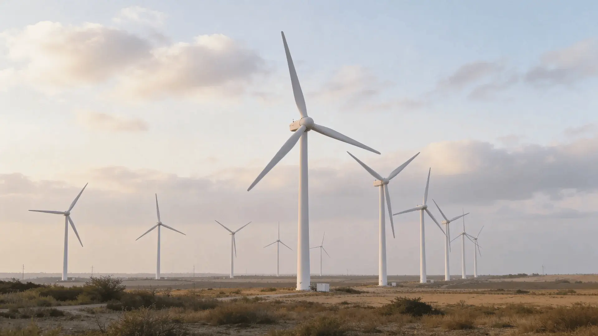 Several white wind turbines standing in an open rural field under a cloudy sky