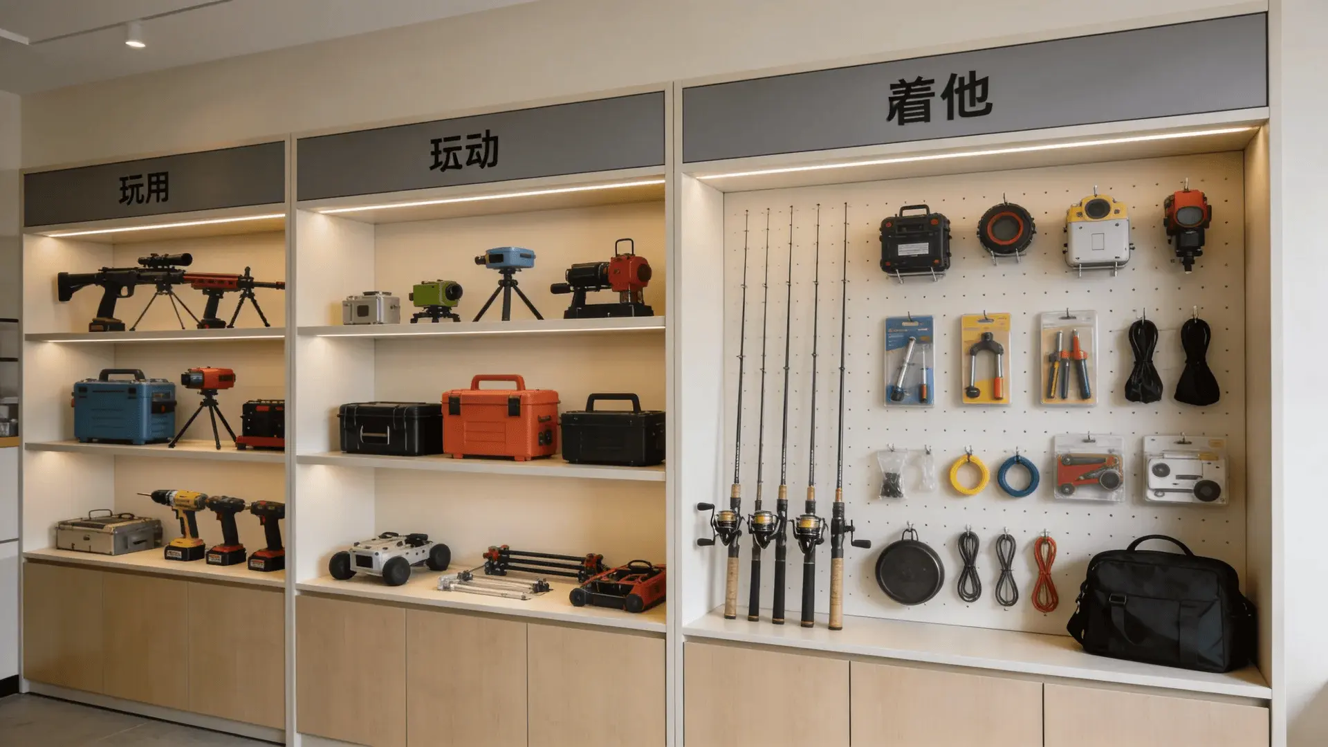 Shelving unit with grouped hobby equipment arranged by category