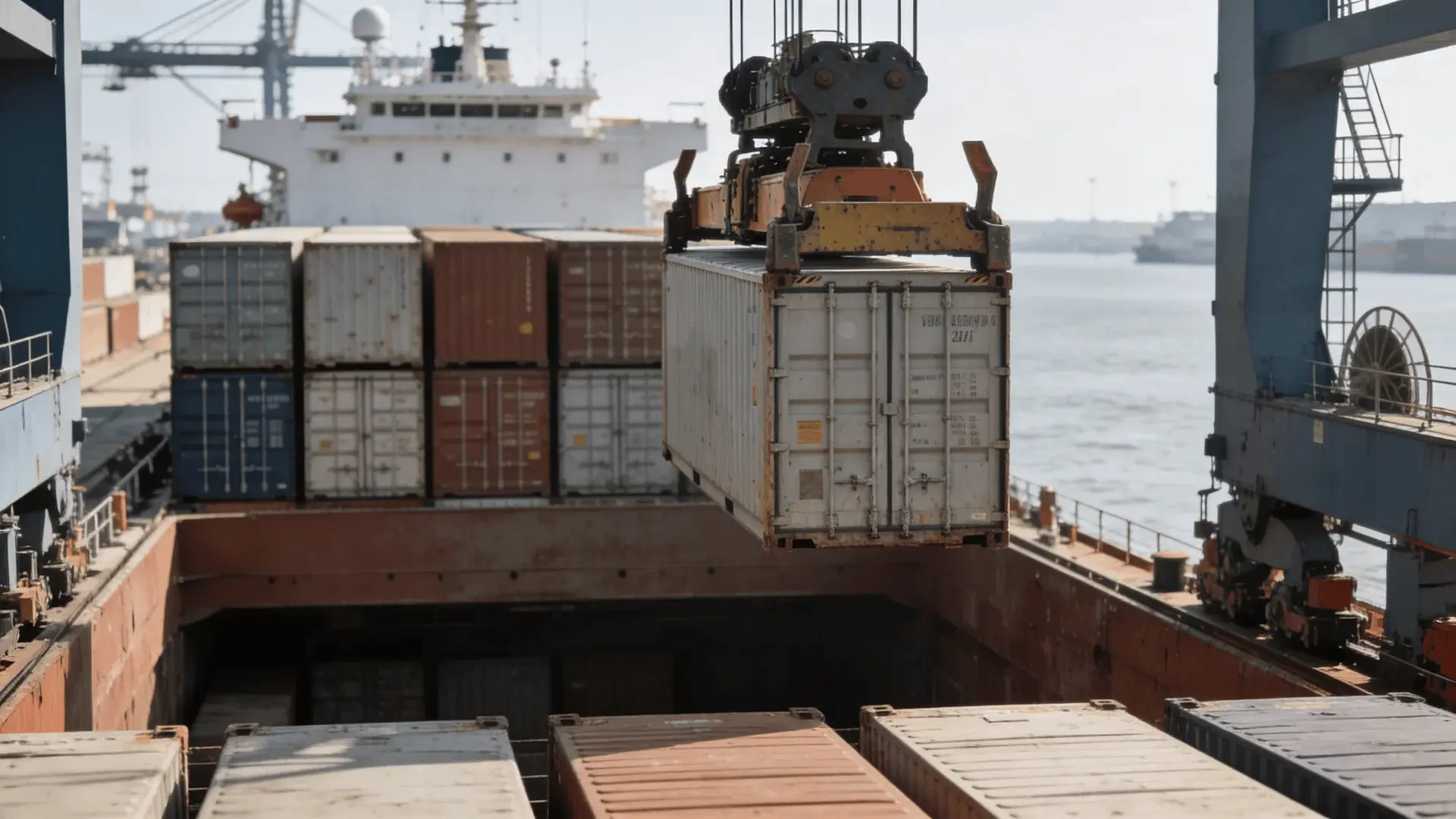 Shipping containers being loaded onto a cargo ship at a port by a crane