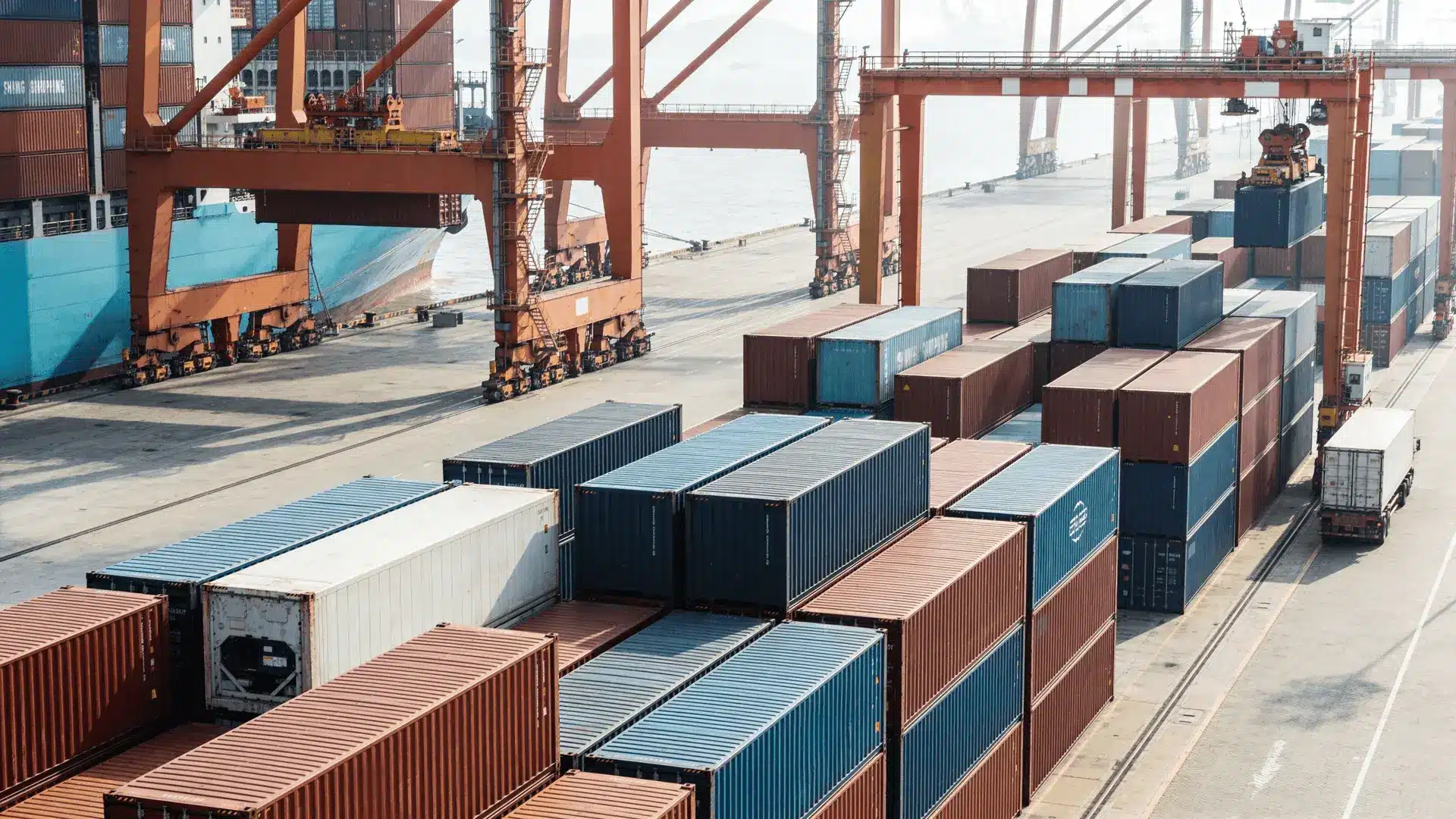 Shipping containers stacked at a port with cranes and a cargo ship docked nearby