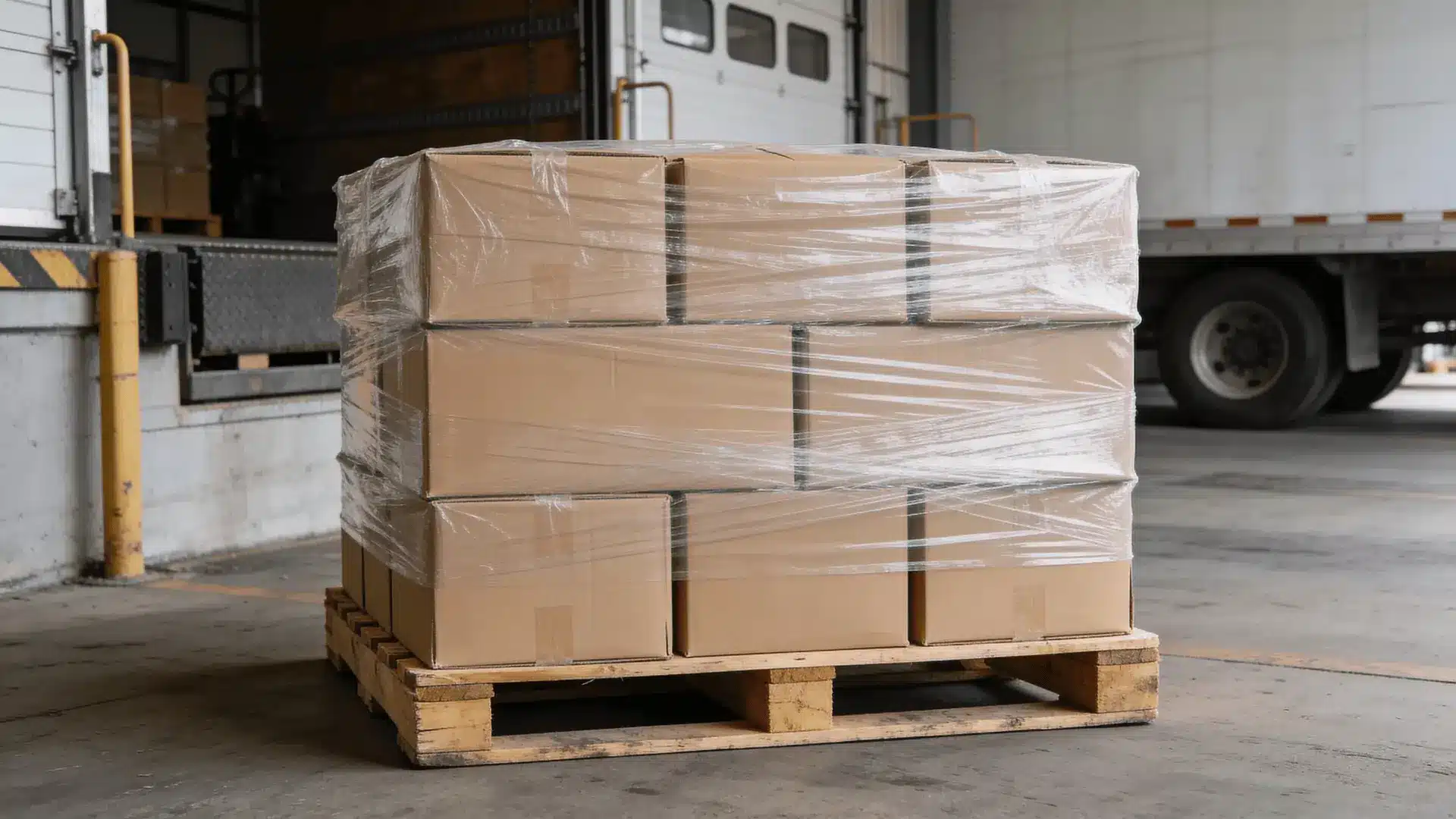 Shrink-wrapped boxes stacked on a wooden pallet at a warehouse dock