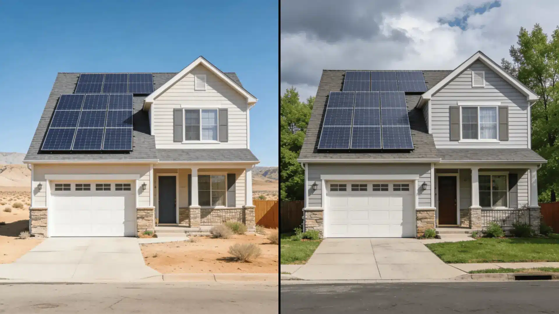 Side-by-side collage of two similar homes with solar panels in desert and cloudy green environments