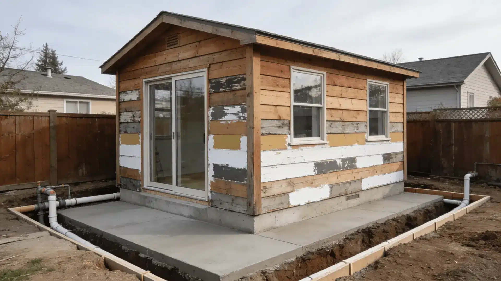 Small backyard shed on concrete foundation with added windows and visible utility trench nearby