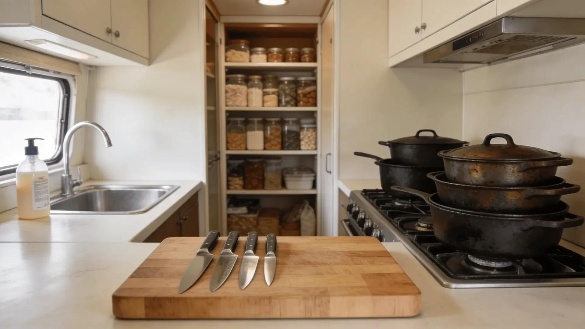 Small kitchen layout showing prep, cooking, cleaning, and storage areas
