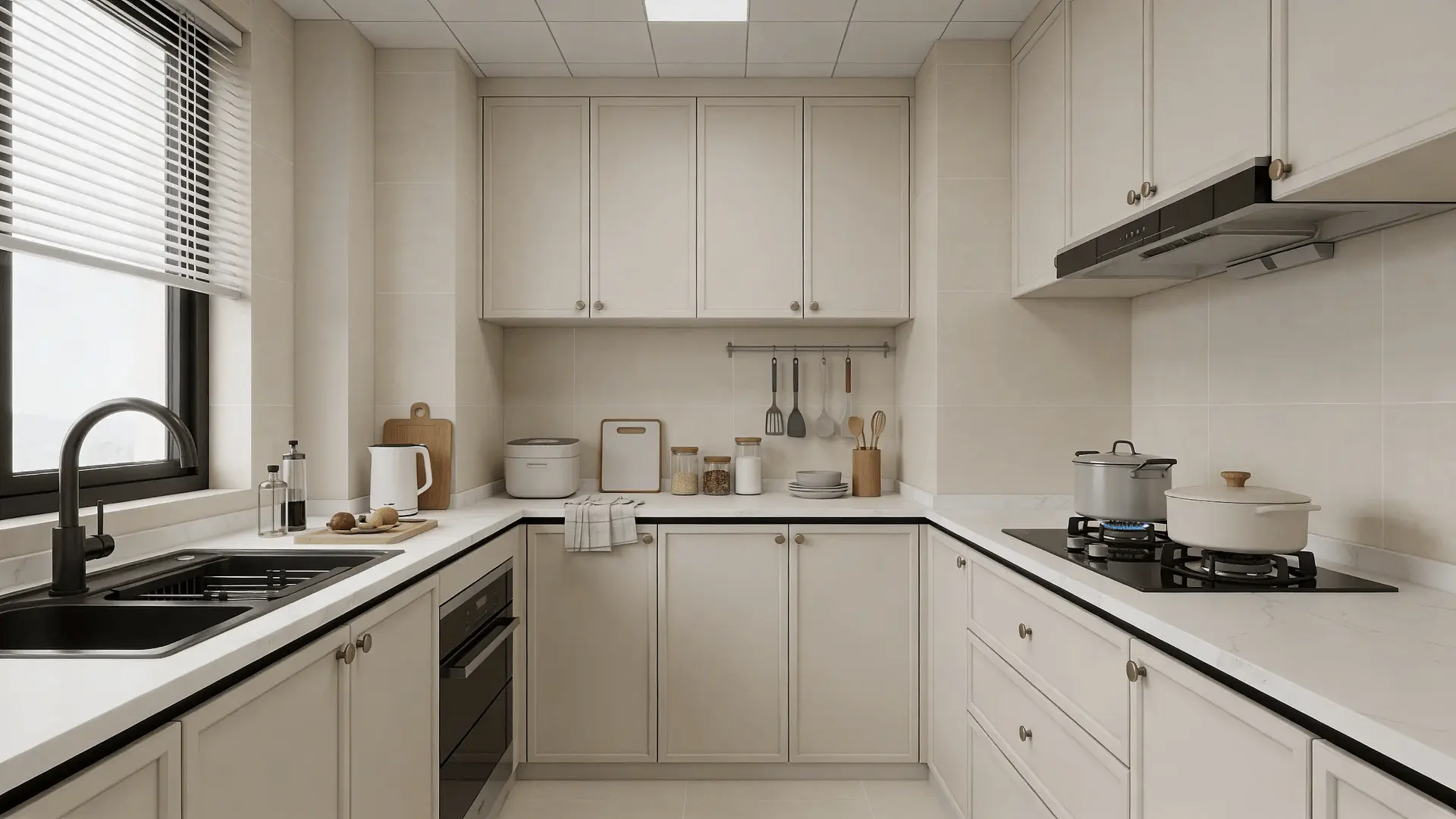 Small kitchen with clear counters, organized cabinets, and defined workspace areas