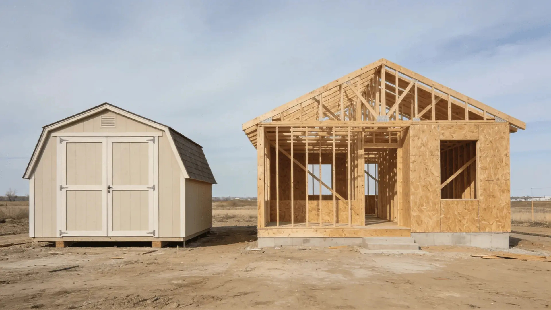 Small shed and newly framed small house structure standing side by side on open lot