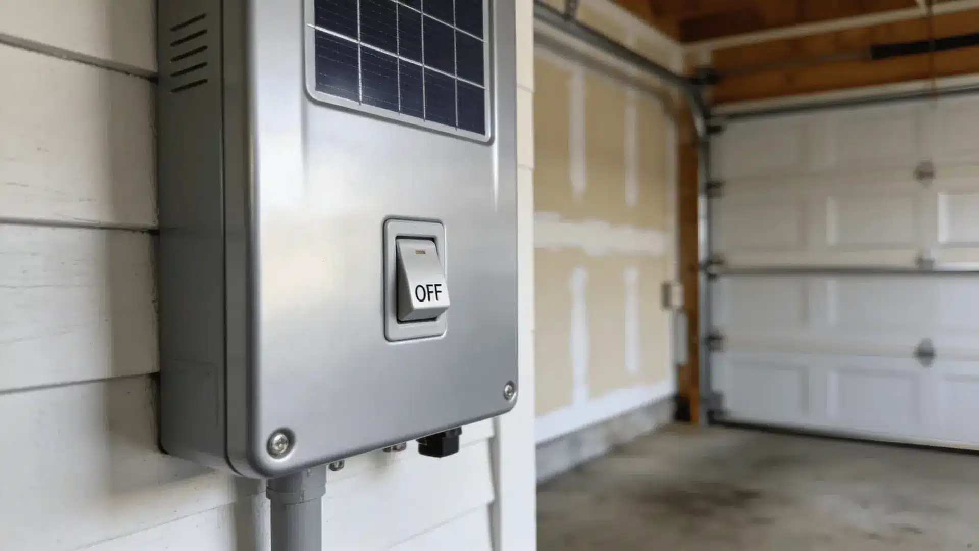 Solar inverter mounted on garage wall with power switch turned off