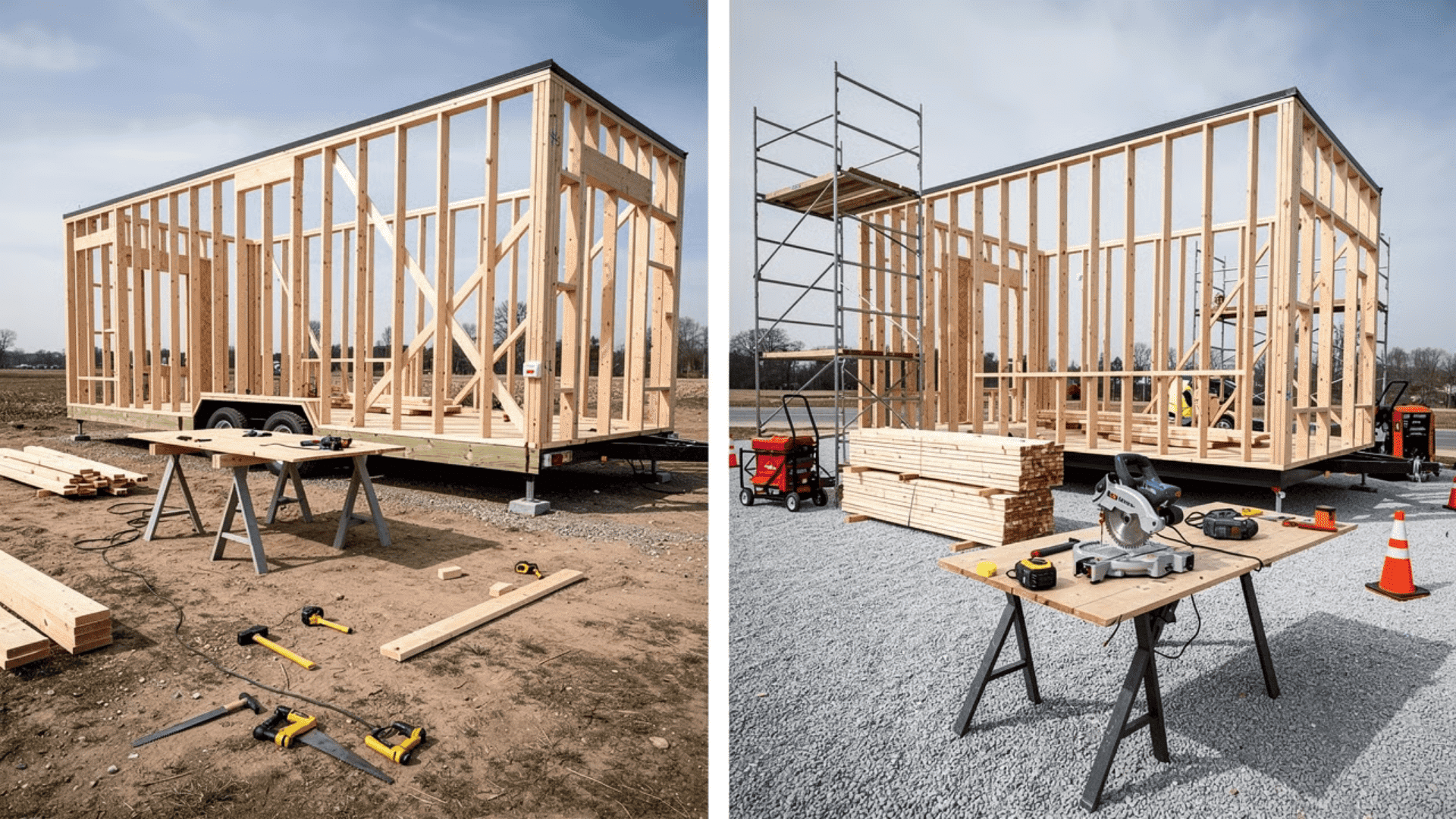 Split view of a DIY tiny house build and a professional construction site