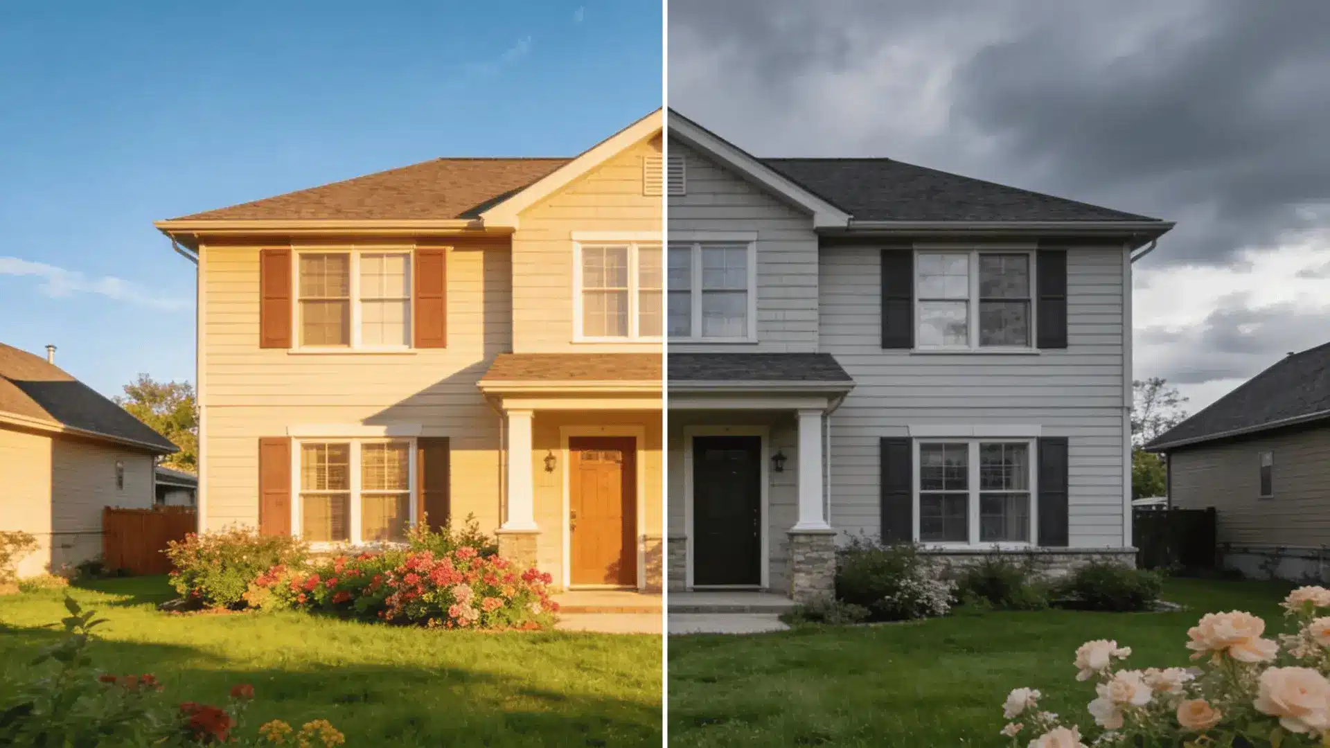 Split view of two similar-sized houses in different climate settings