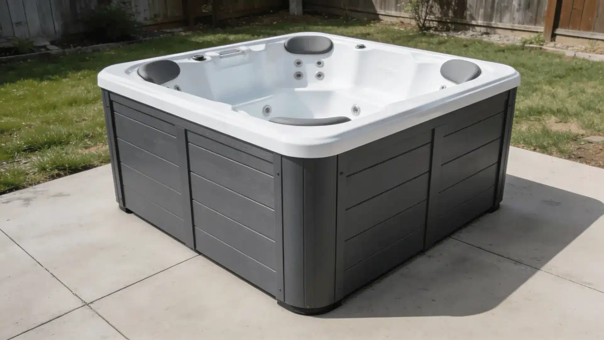Square above-ground hot tub with gray cabinet and white interior on patio