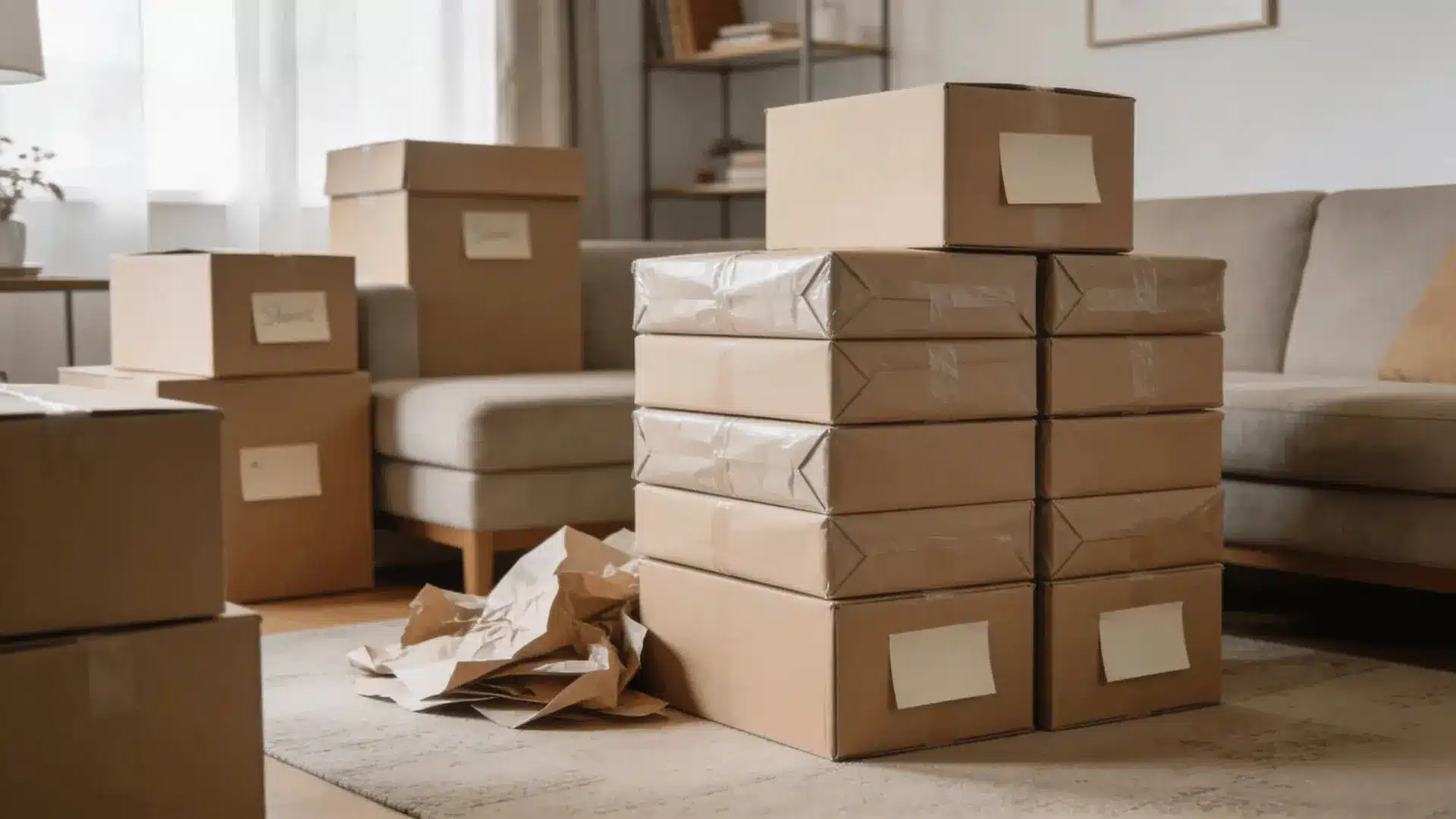 Stacked moving boxes and packing paper arranged in an organized living room