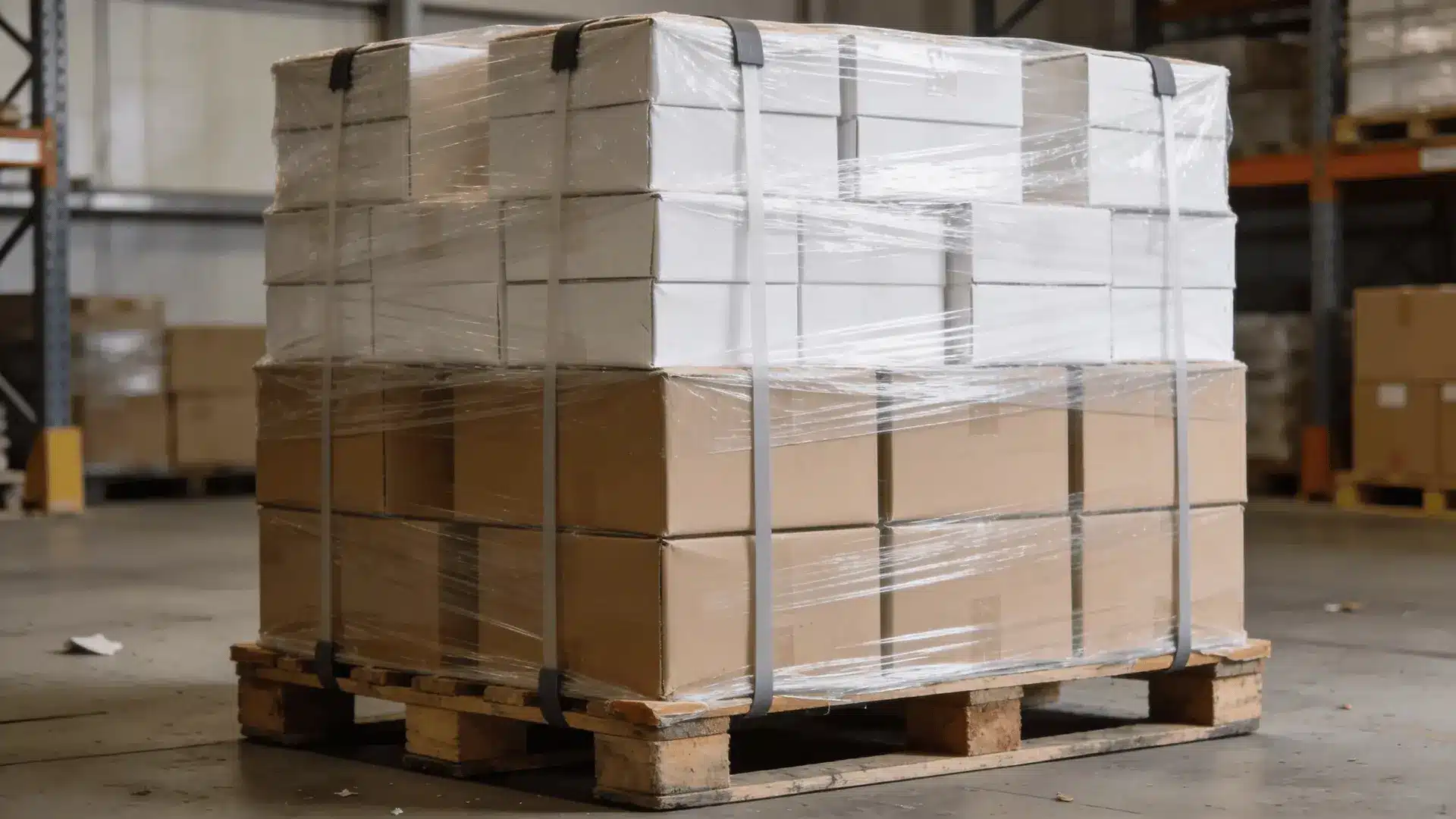 Stacked pallet with heavy boxes on bottom, wrapped tightly with shrink wrap and banding