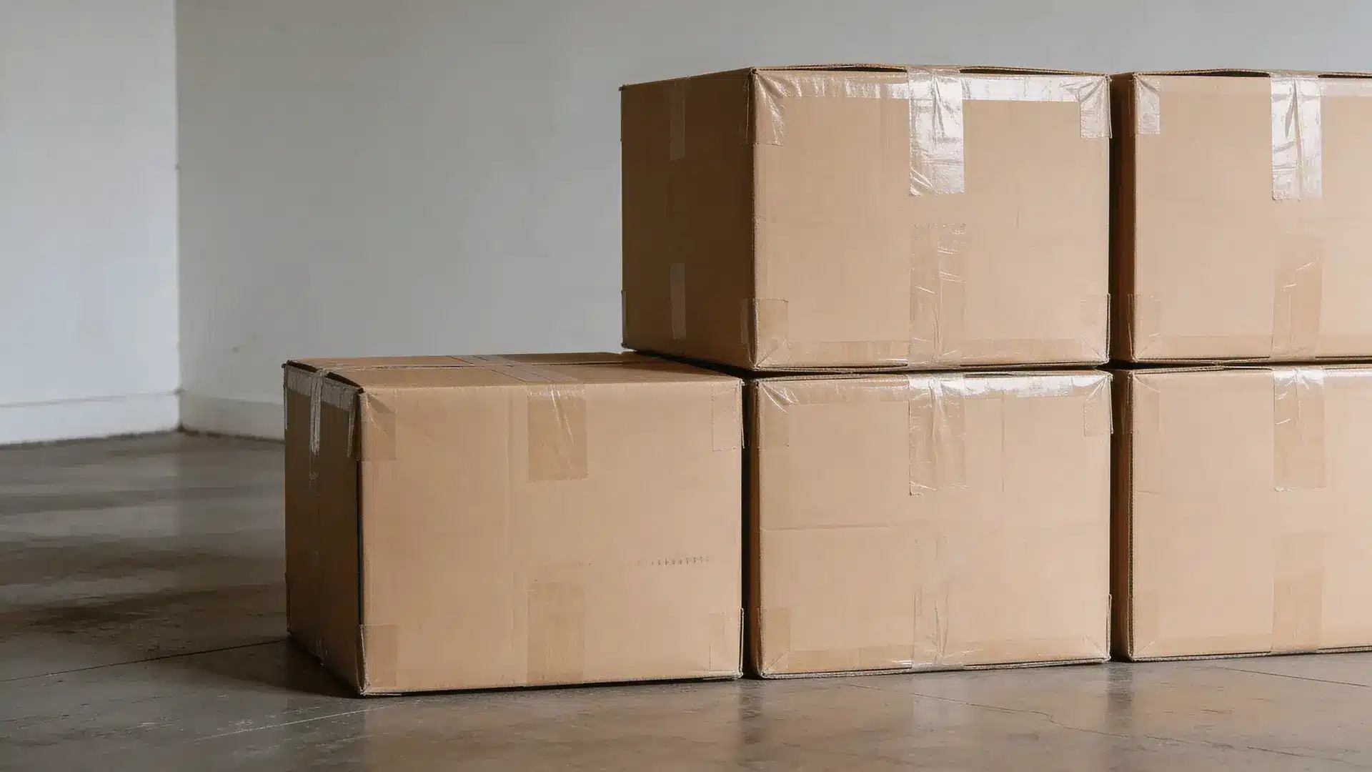 Stacked shipping boxes in an otherwise empty room