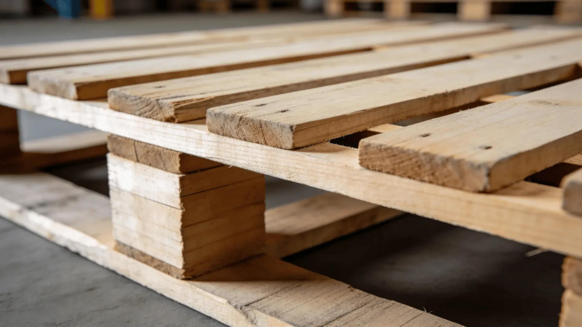Standard wooden pallet with intact boards and four-way forklift entry
