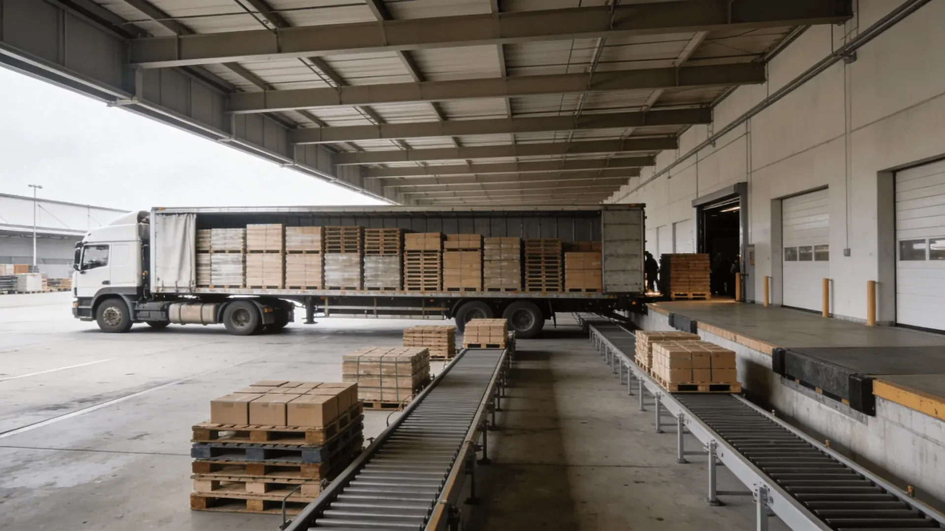 Trailer being unloaded and pallets sorted into lanes inside a warehouse