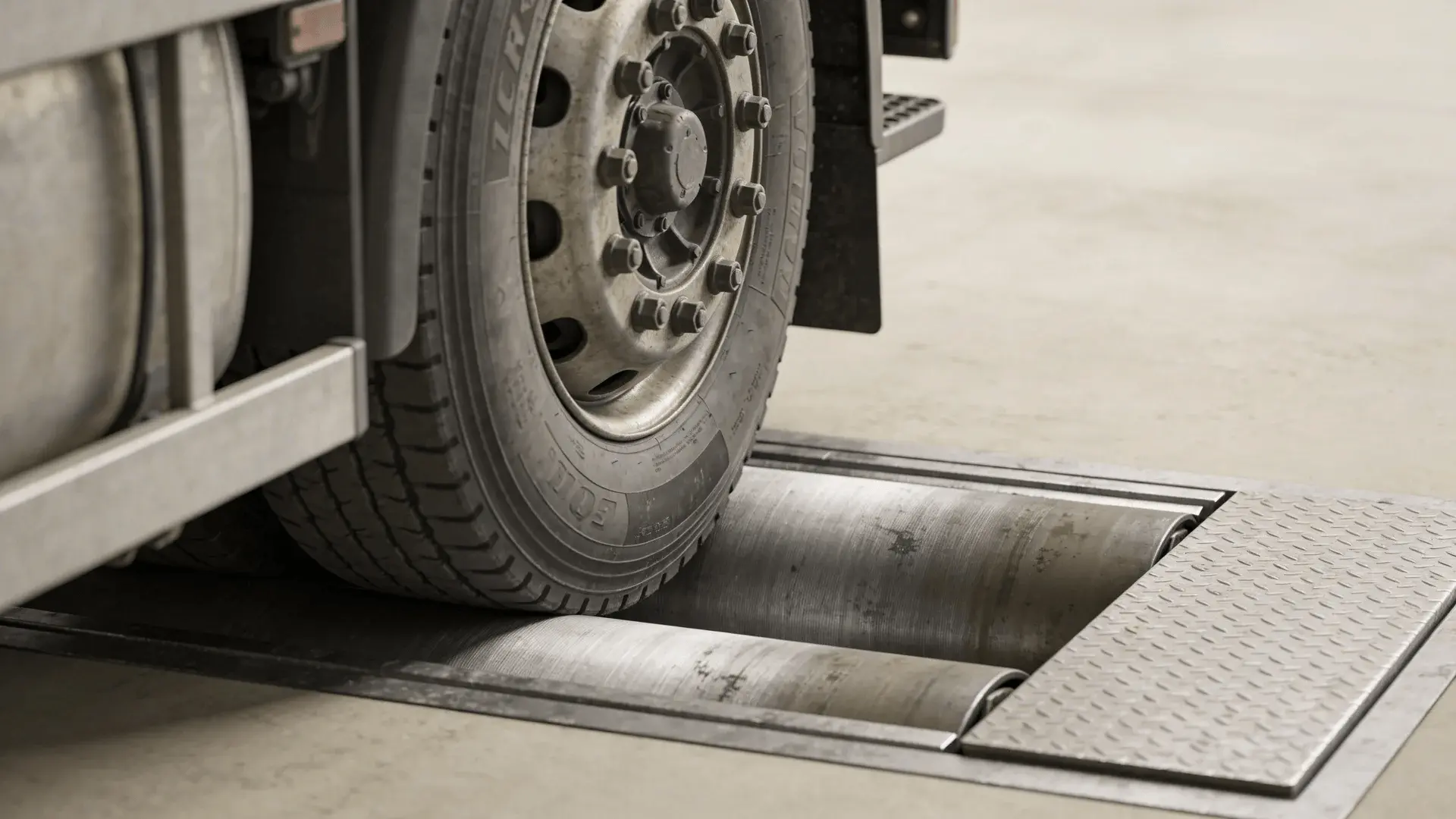 Truck axle and wheels resting on a steel weigh scale platform