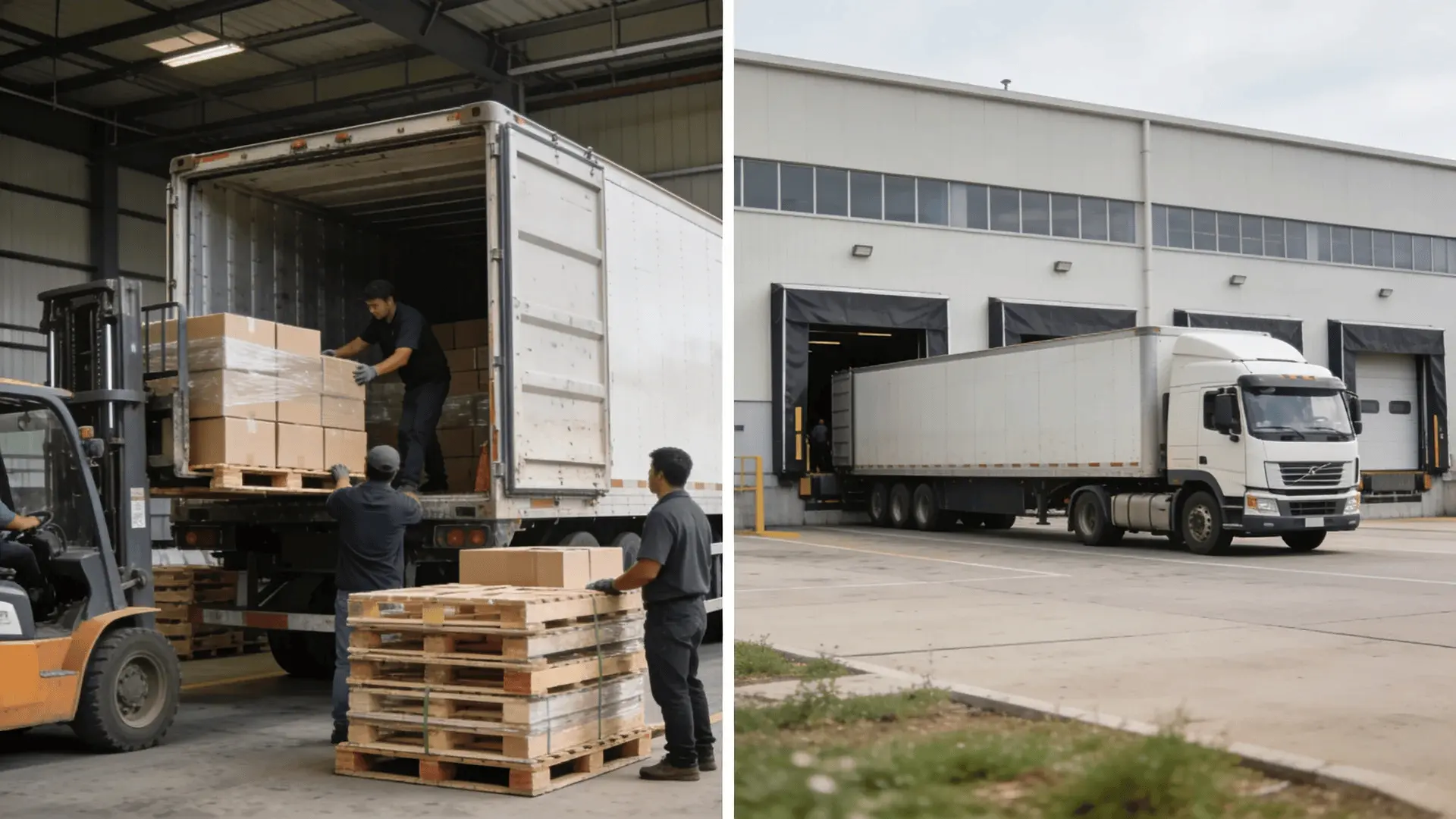 Truck loading at a warehouse on one side and truck arriving at a distribution center on the other
