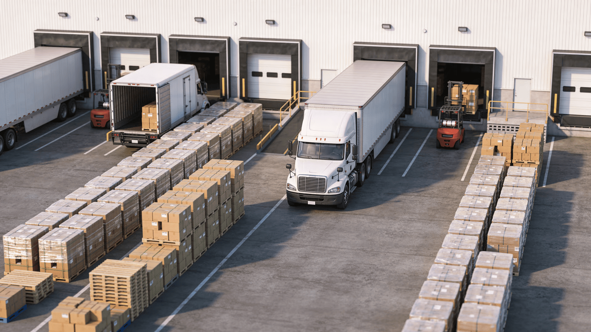 Trucks, warehouses, and freight terminals operating within a coordinated system