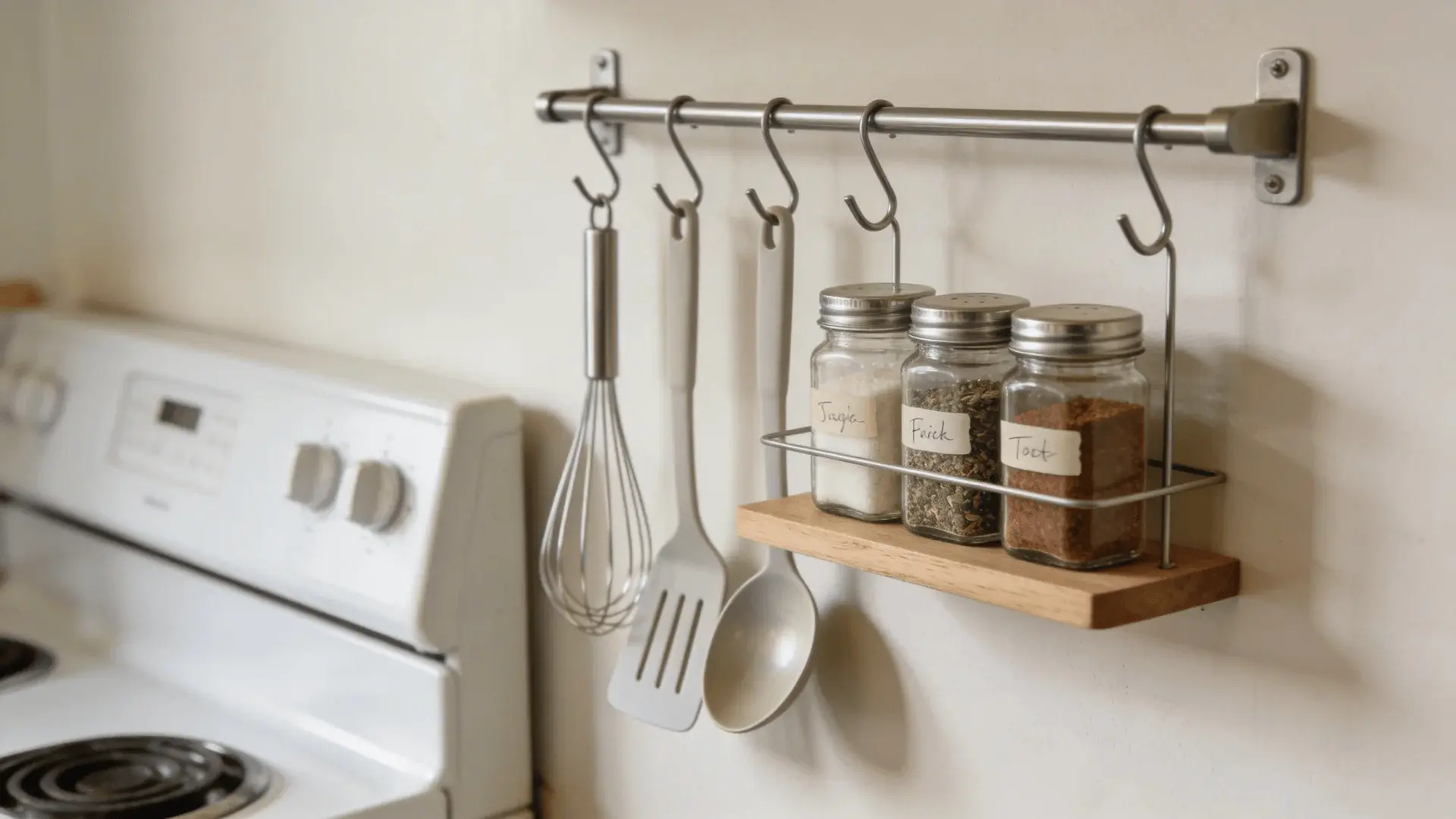 Wall hooks and small shelf holding kitchen tools and spice jars