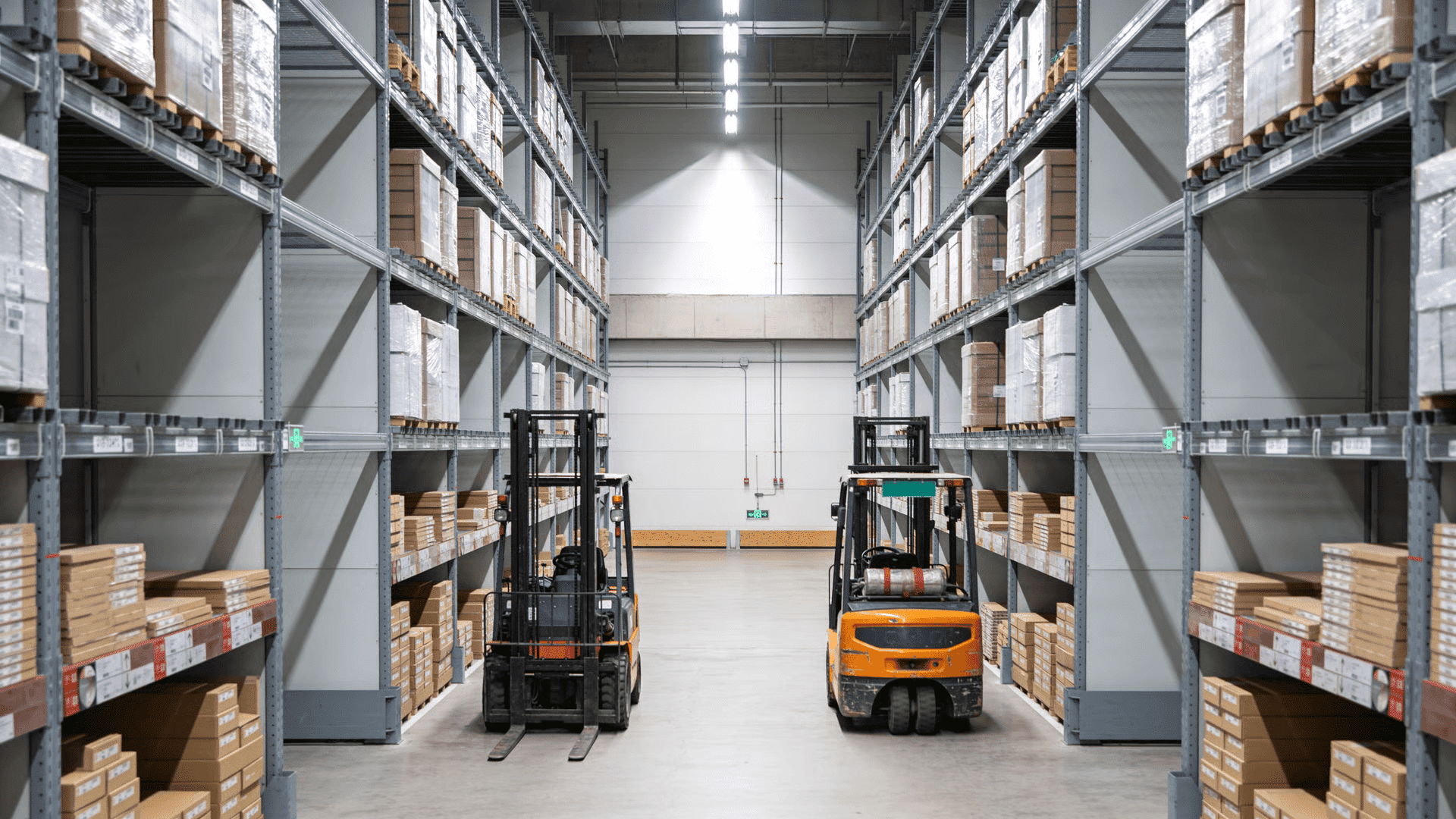 Warehouse aisles with pallet racks and stored goods arranged by location
