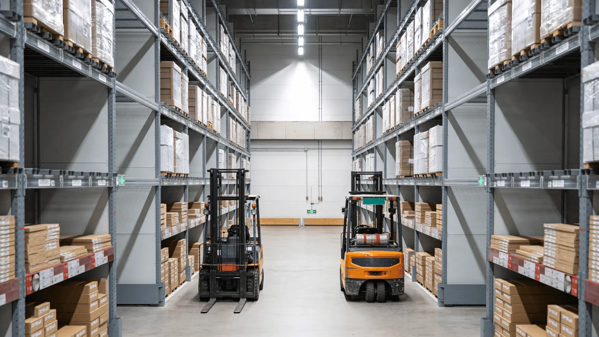Warehouse aisles with pallet racks and stored goods arranged by location