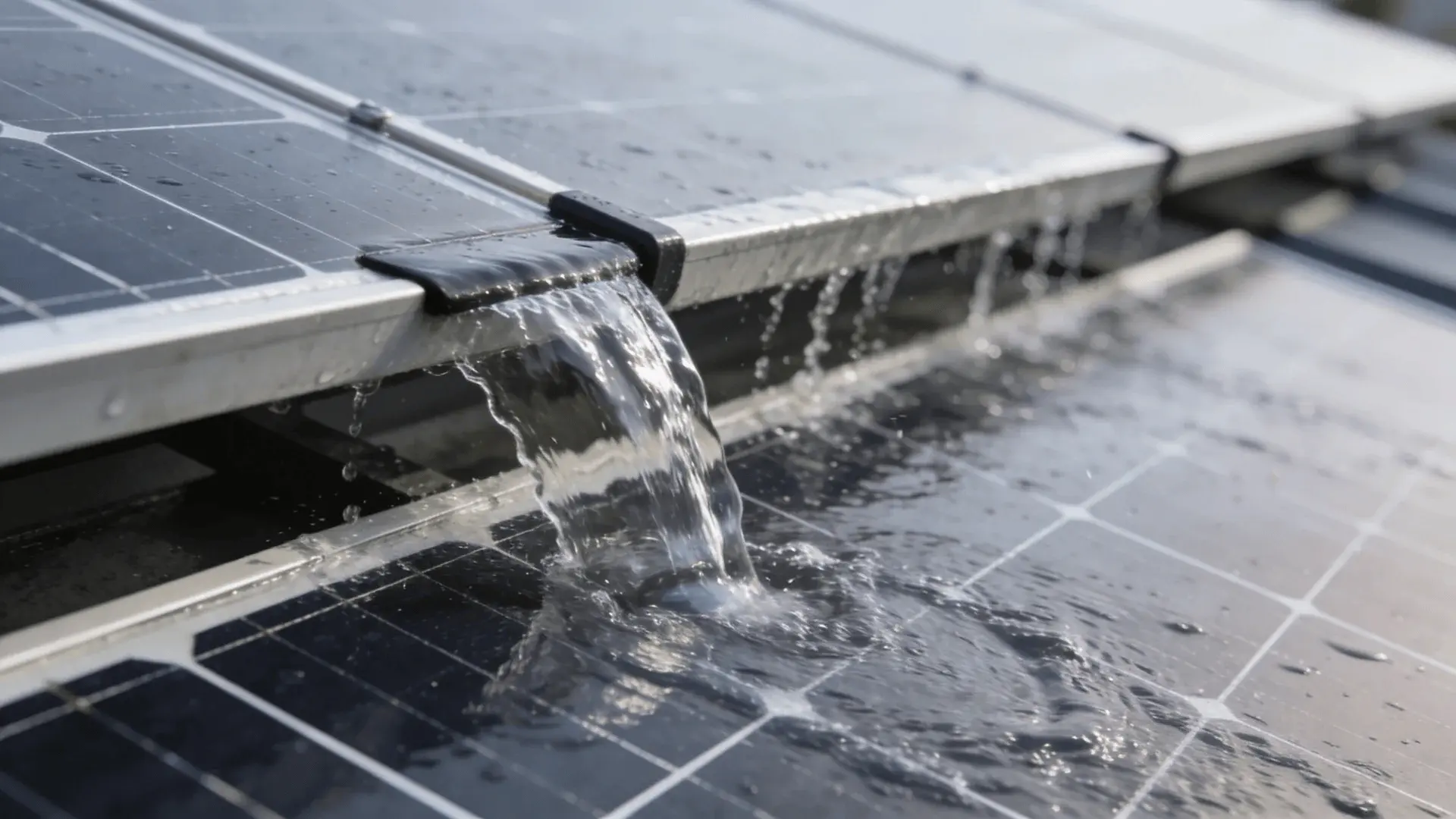 Water flowing from top to bottom across a solar panel during rinsing