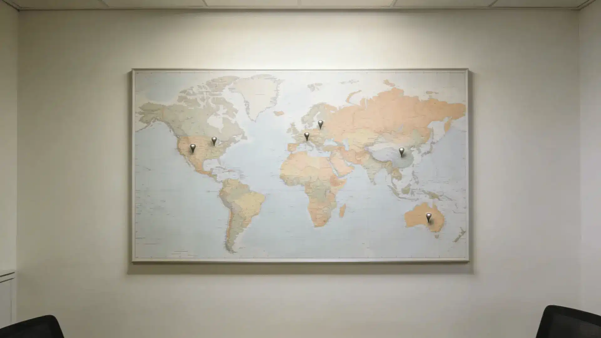 World map with markers over Europe, Asia, and South America